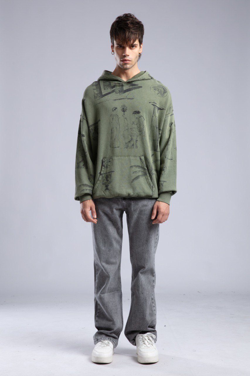 Desenli Oversize Kapüşonlu Sweatshirt Haki
