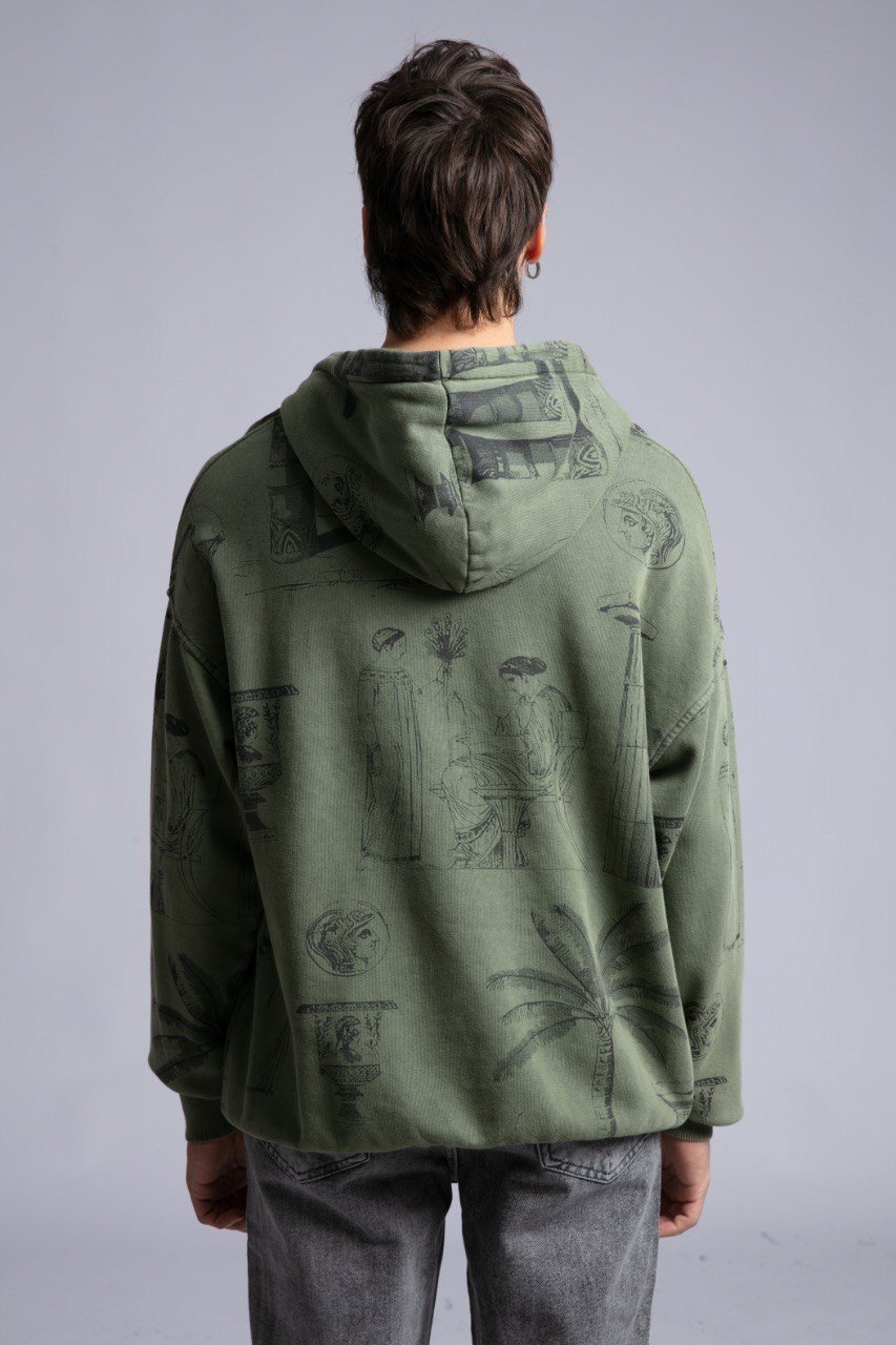 Desenli Oversize Kapüşonlu Sweatshirt Haki