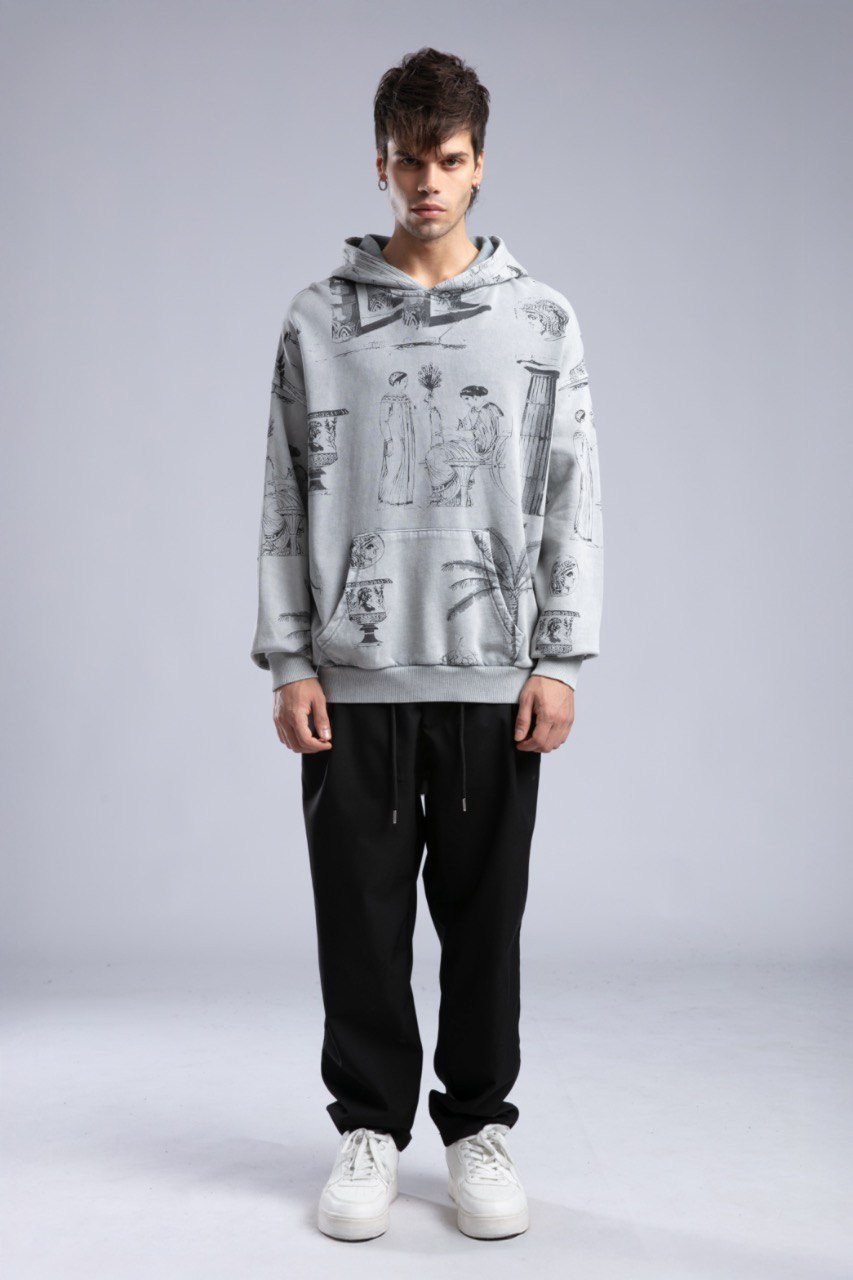 Desenli Oversize Kapüşonlu Sweatshirt Gri