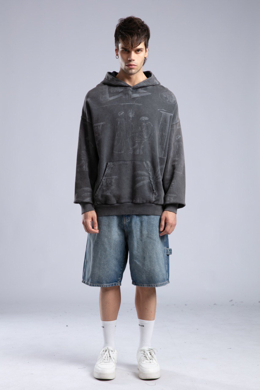 Desenli Oversize Kapüşonlu Sweatshirt Siyah