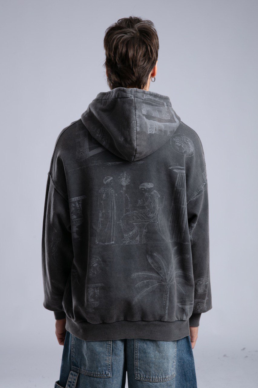 Desenli Oversize Kapüşonlu Sweatshirt Siyah