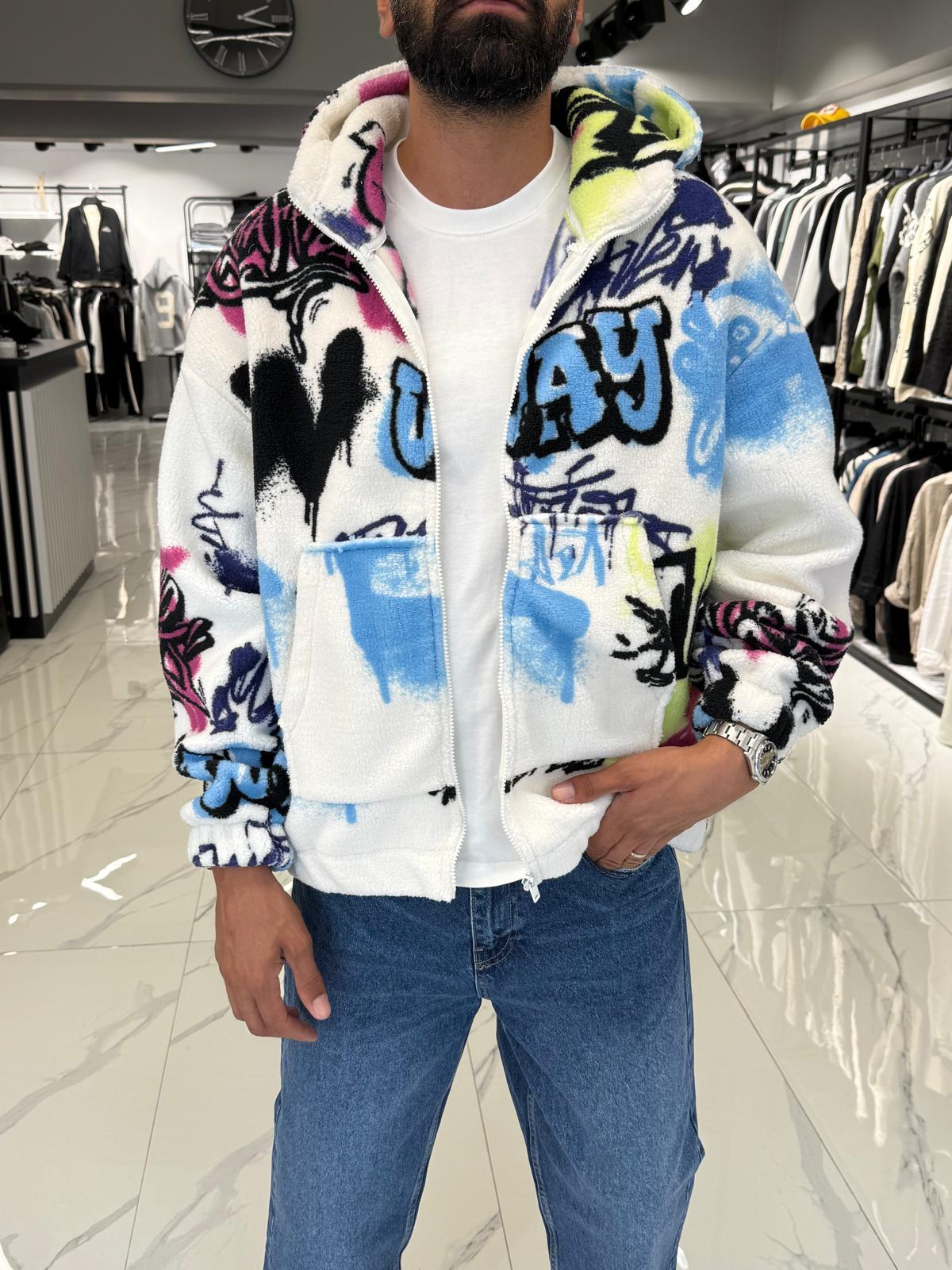 Desenli Oversize Peluş Mont