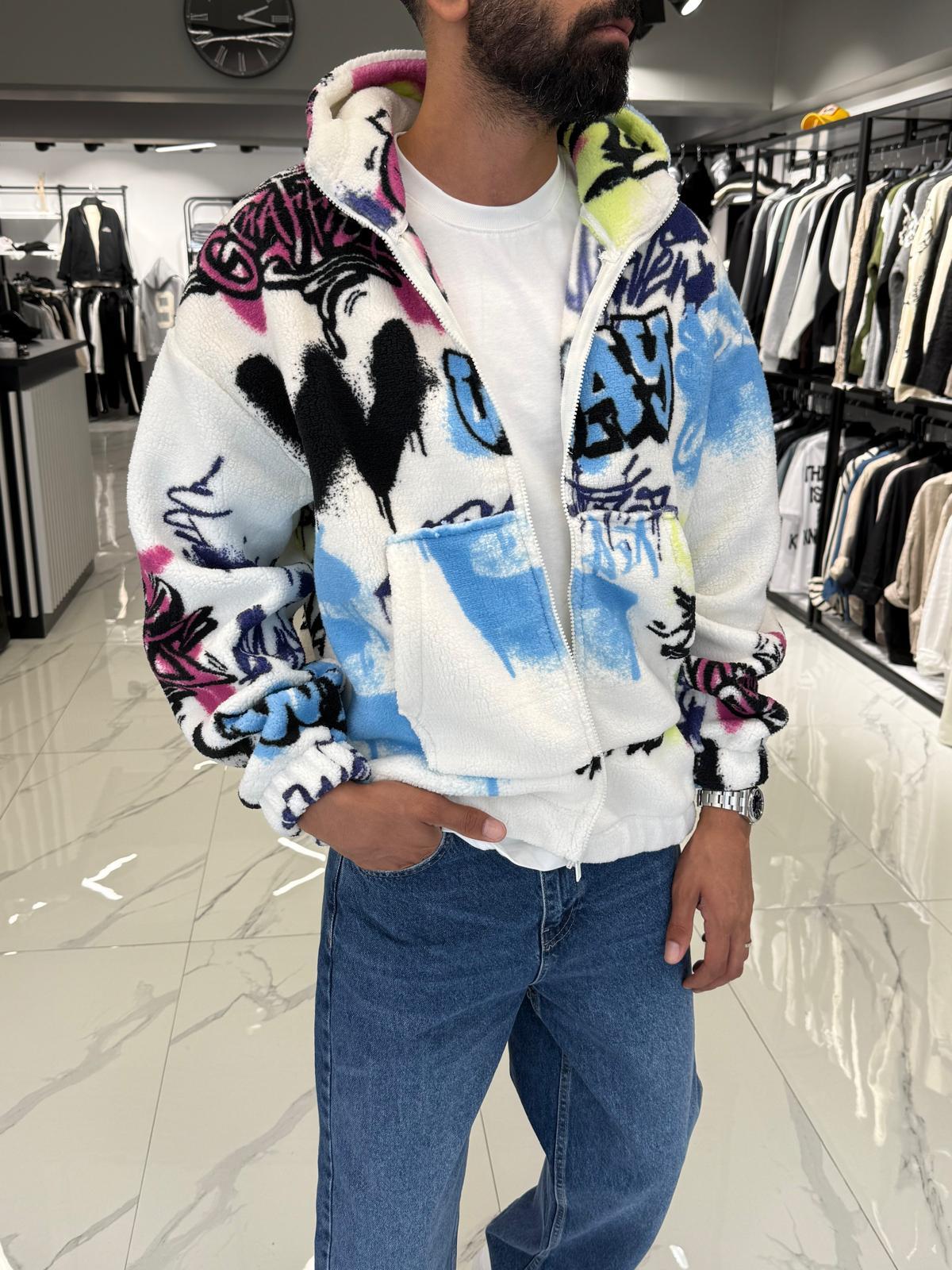 Desenli Oversize Peluş Mont