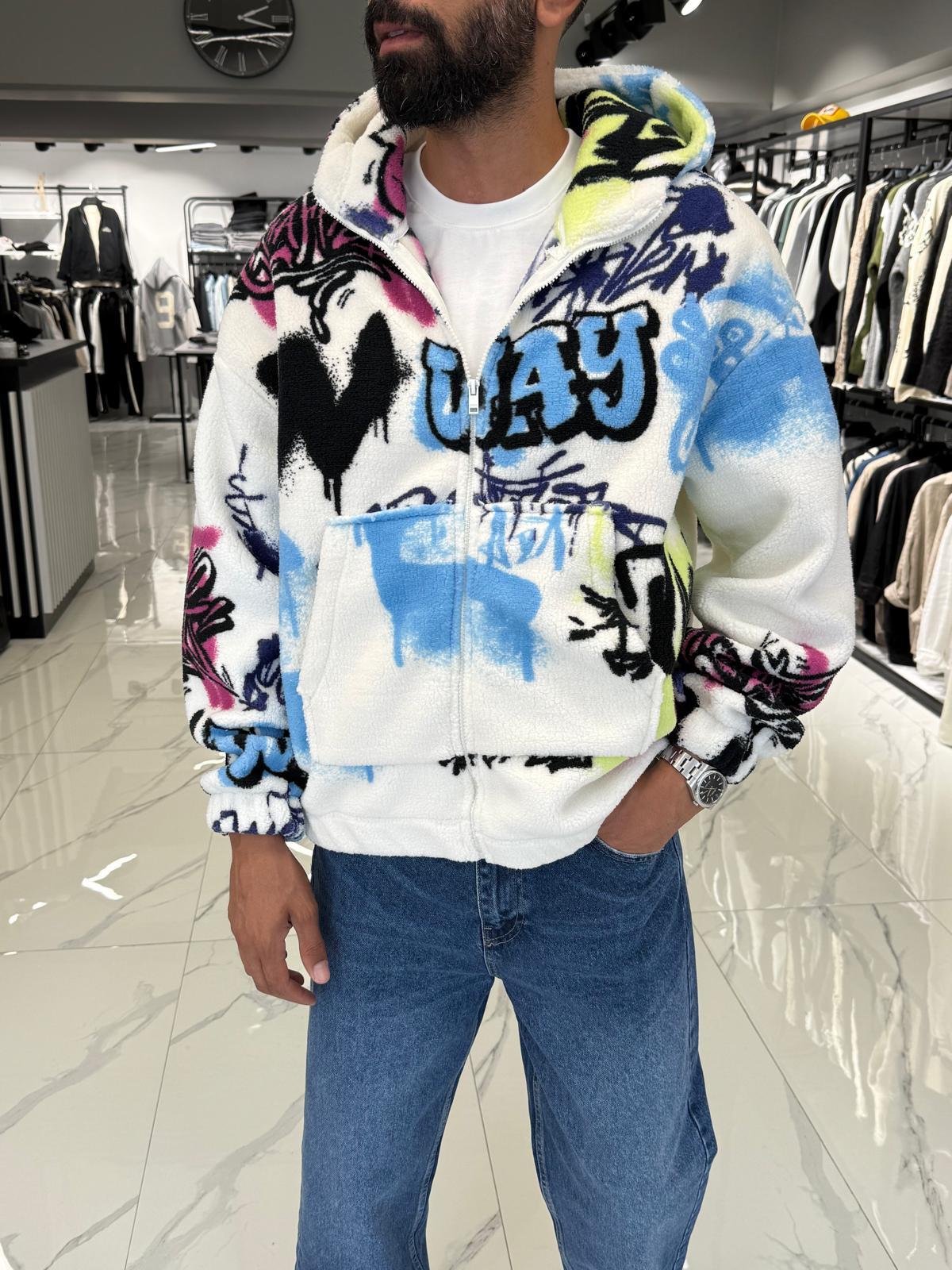Desenli Oversize Peluş Mont