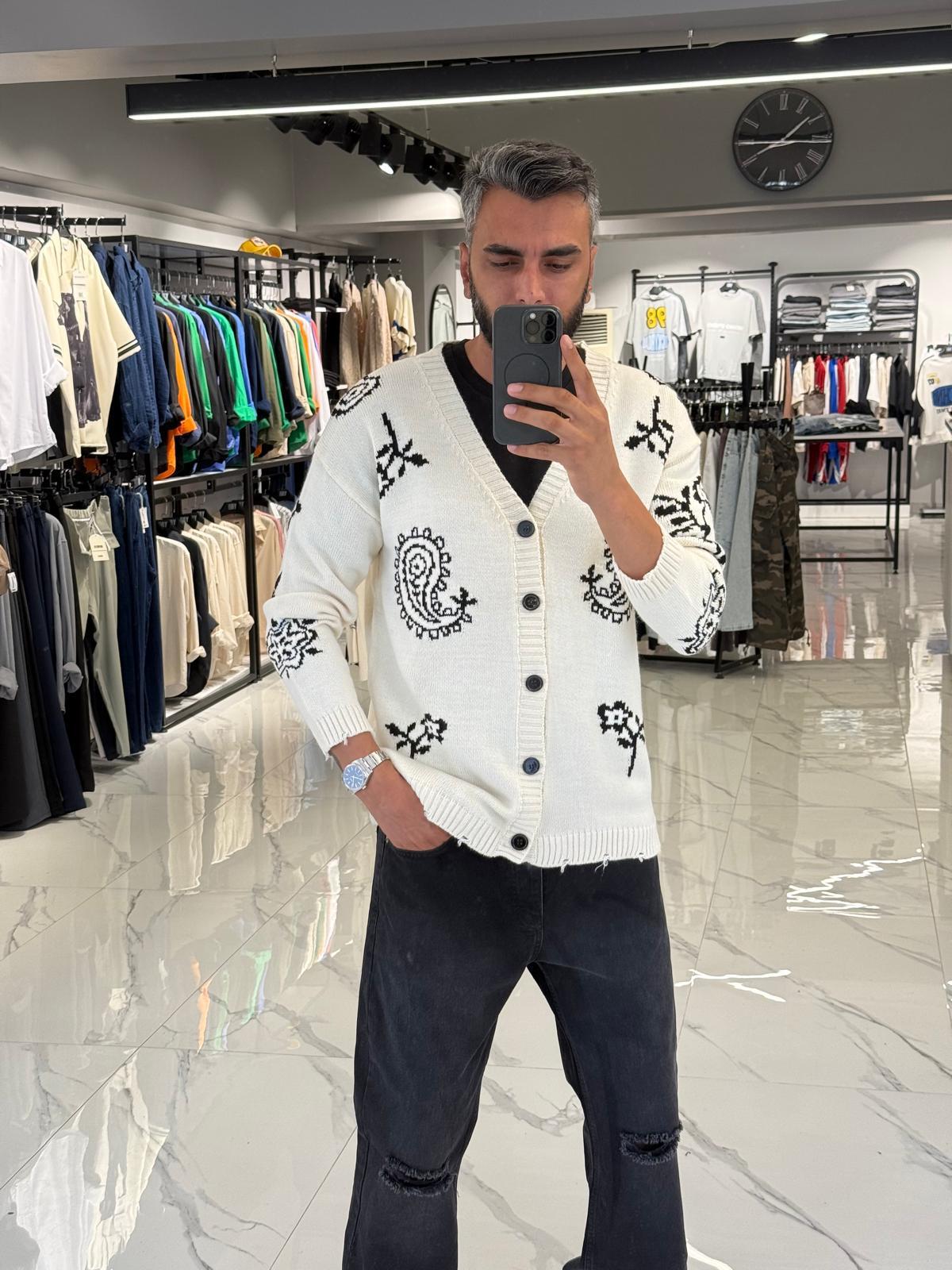 Desenli Oversize Triko Hırka Beyaz