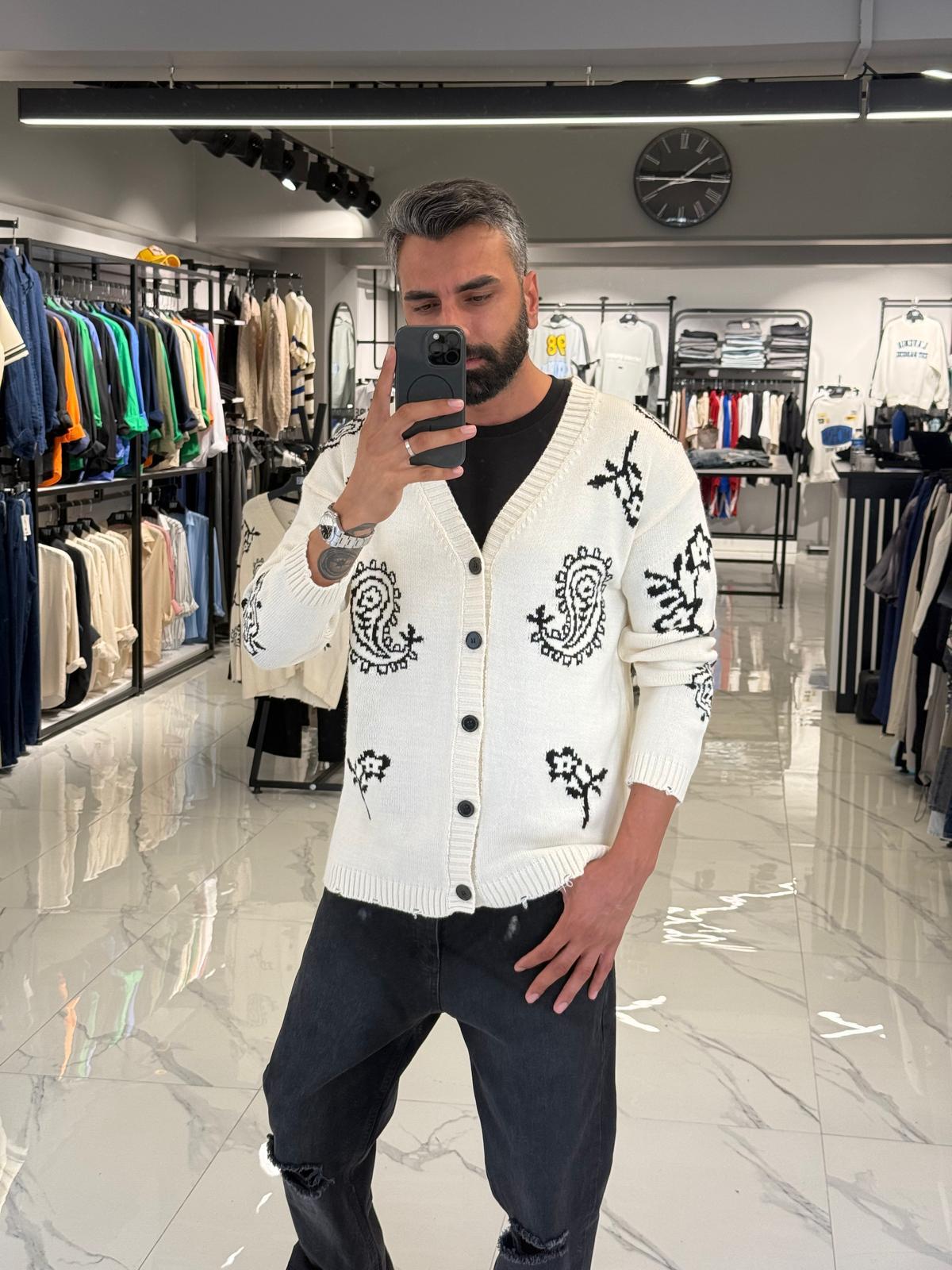 Desenli Oversize Triko Hırka Beyaz