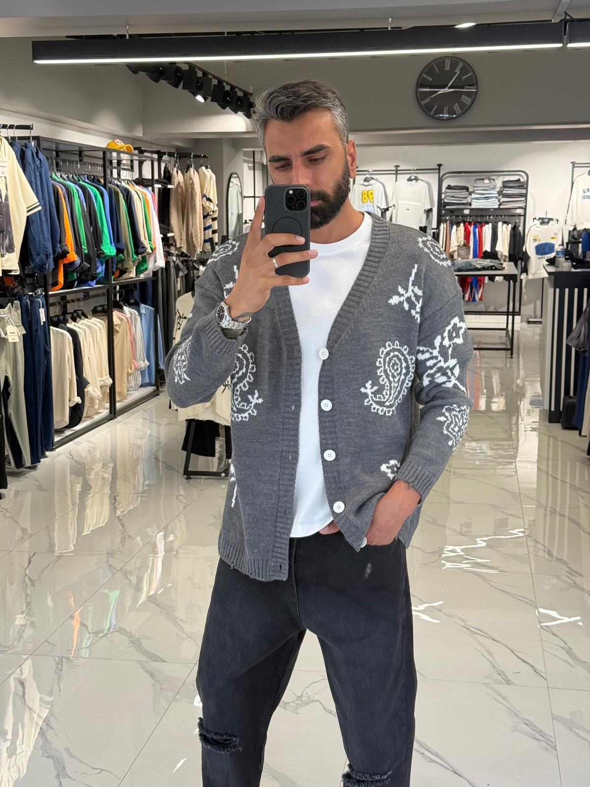 Desenli Oversize Triko Hırka Gri