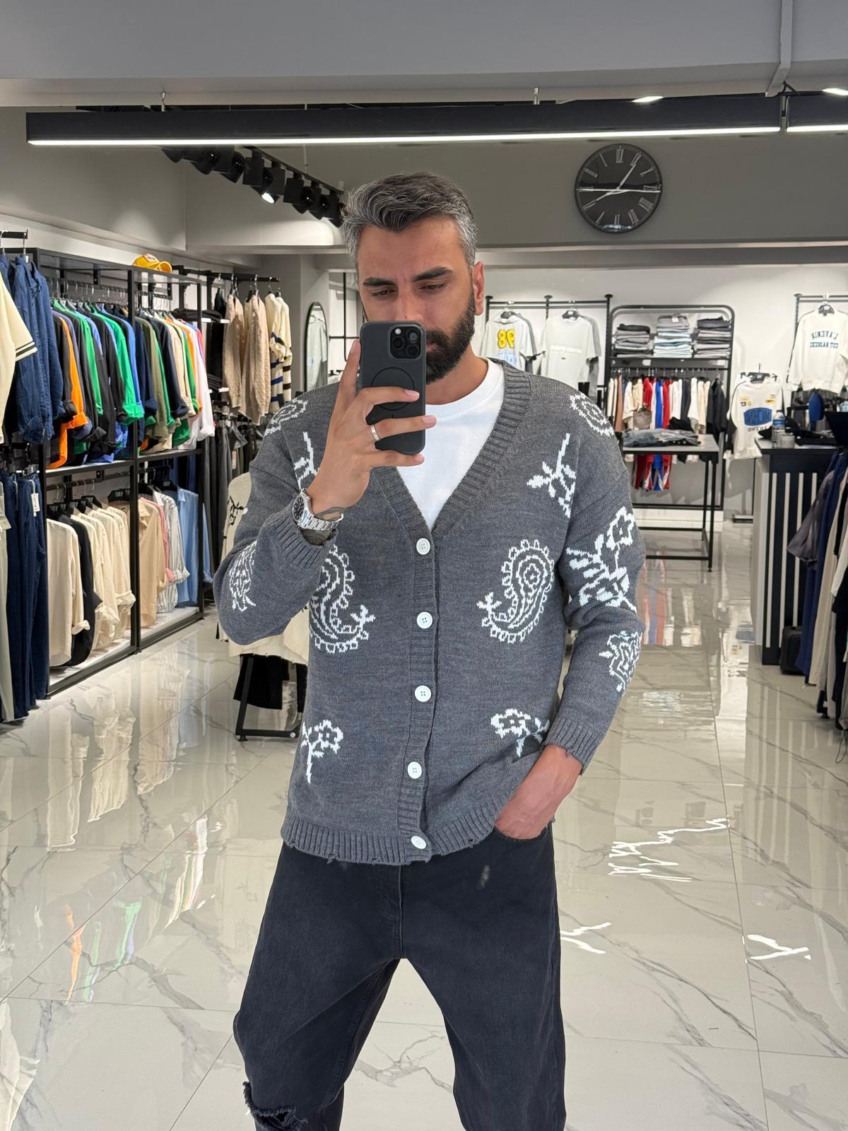 Desenli Oversize Triko Hırka Gri