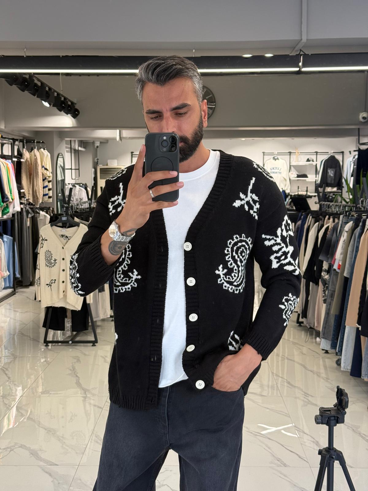 Desenli Oversize Triko Hırka Siyah