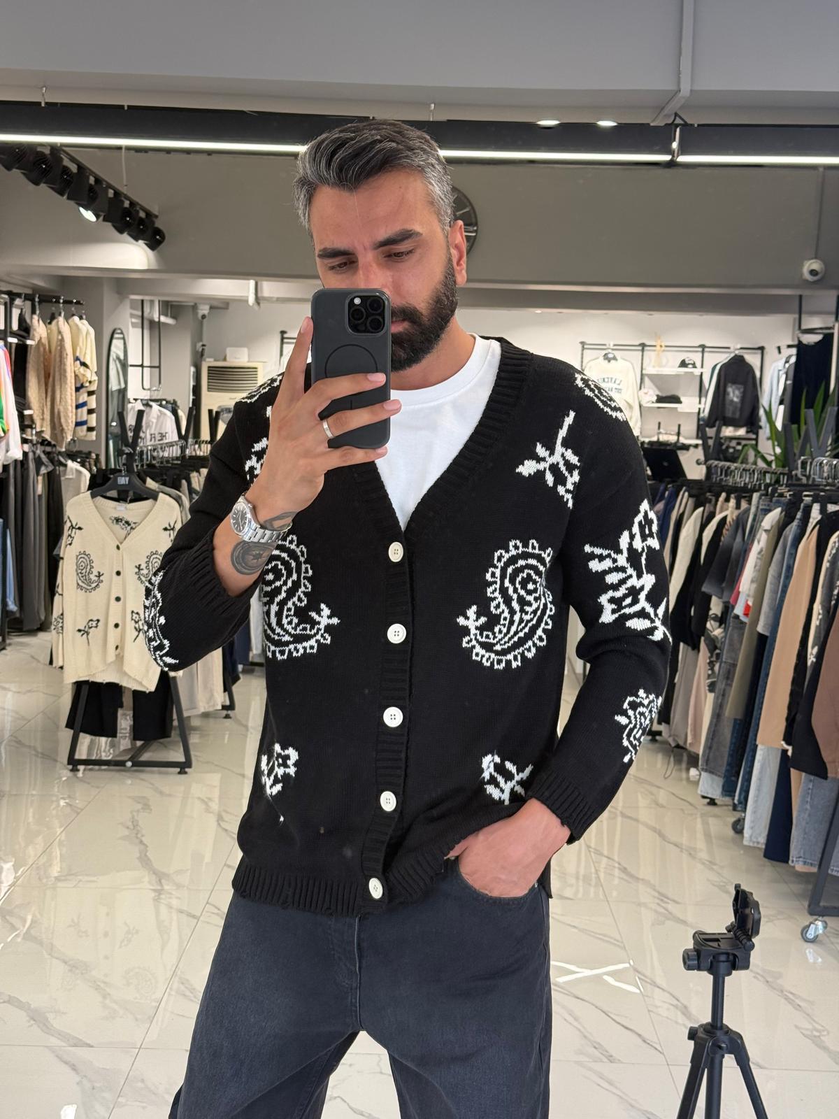 Desenli Oversize Triko Hırka Siyah