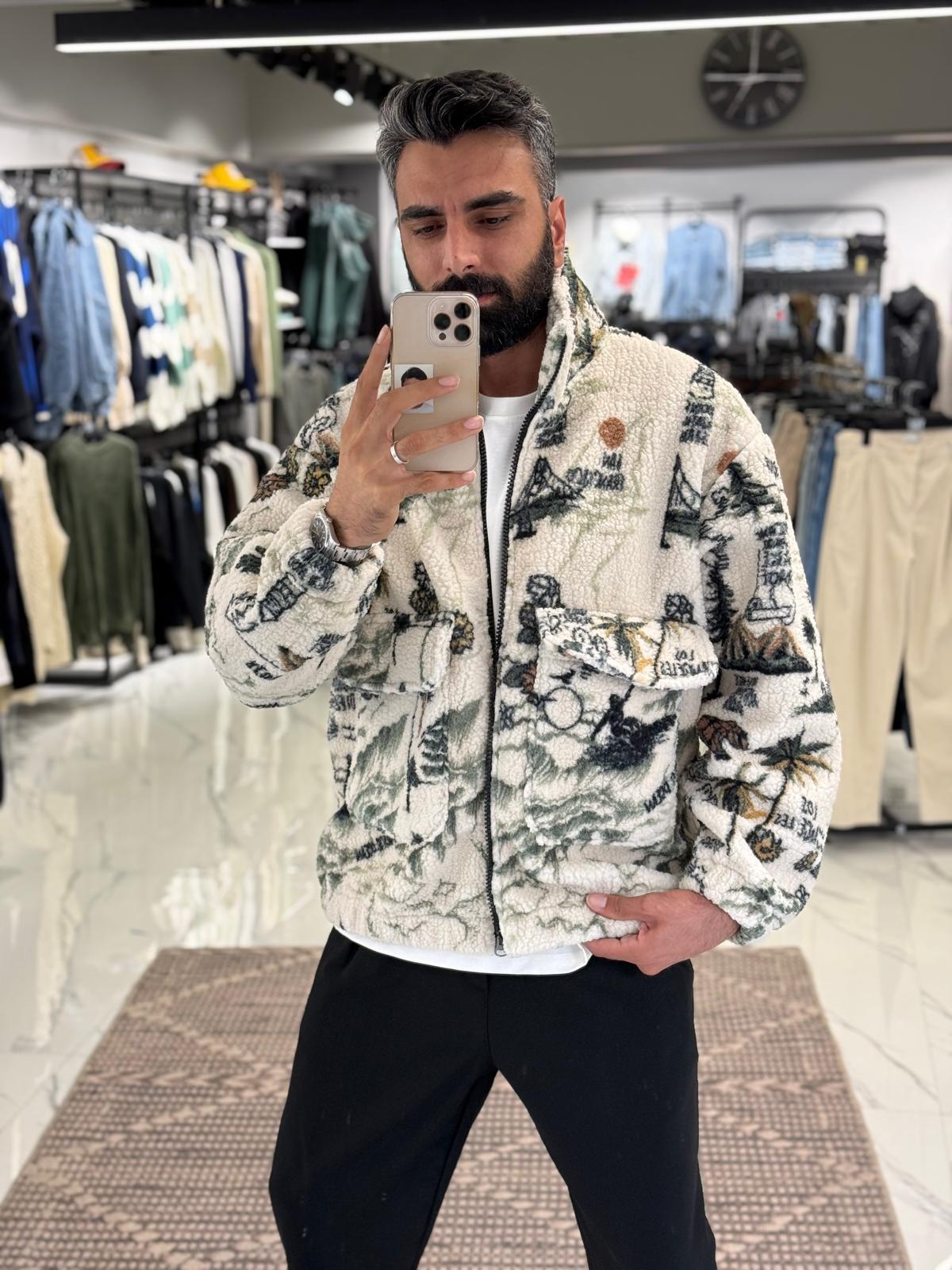 Desenli Peluş Mont Ceket