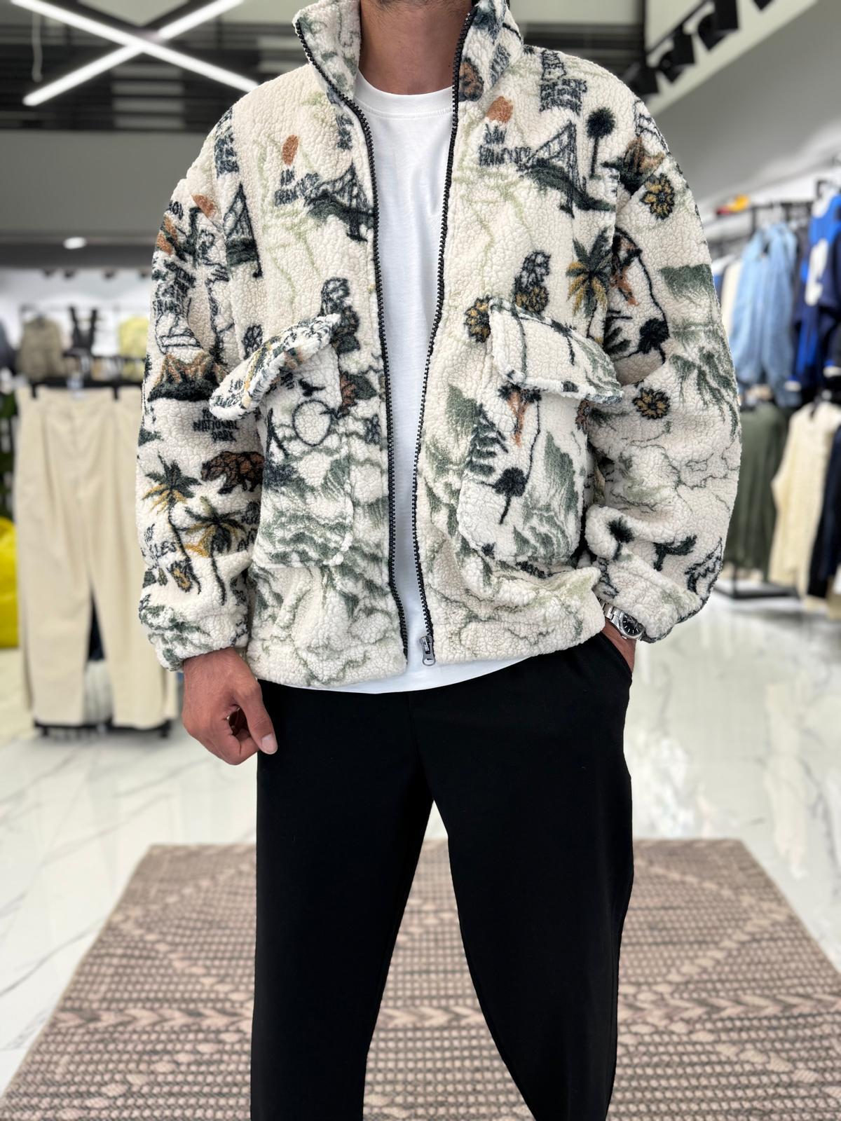 Desenli Peluş Mont Ceket