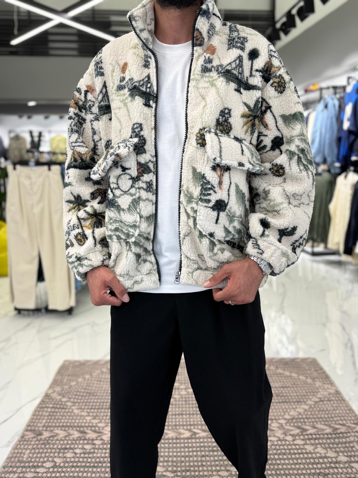 Desenli Peluş Mont Ceket
