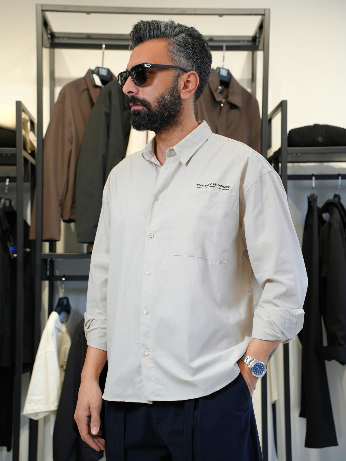 Dikiş ve Pile Detaylı Tasarım Oversize Gömlek Bej
