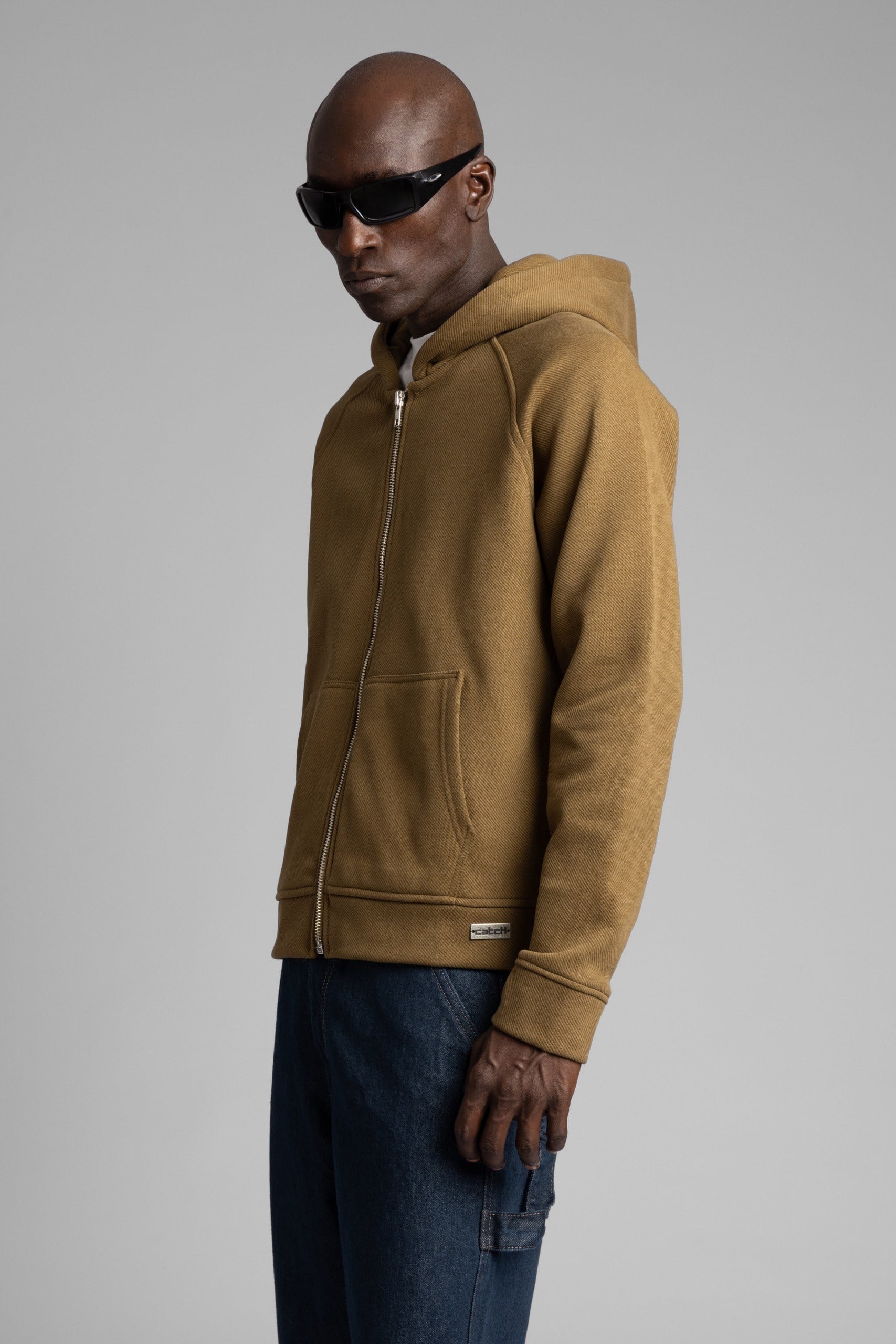 Diyagonal Dokulu Fermuarlı Kapüşonlu Sweatshirt Haki