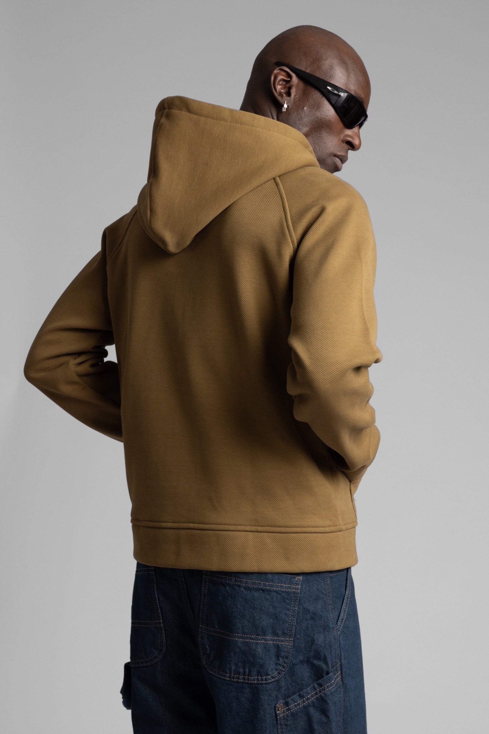 Diyagonal Dokulu Fermuarlı Kapüşonlu Sweatshirt Haki