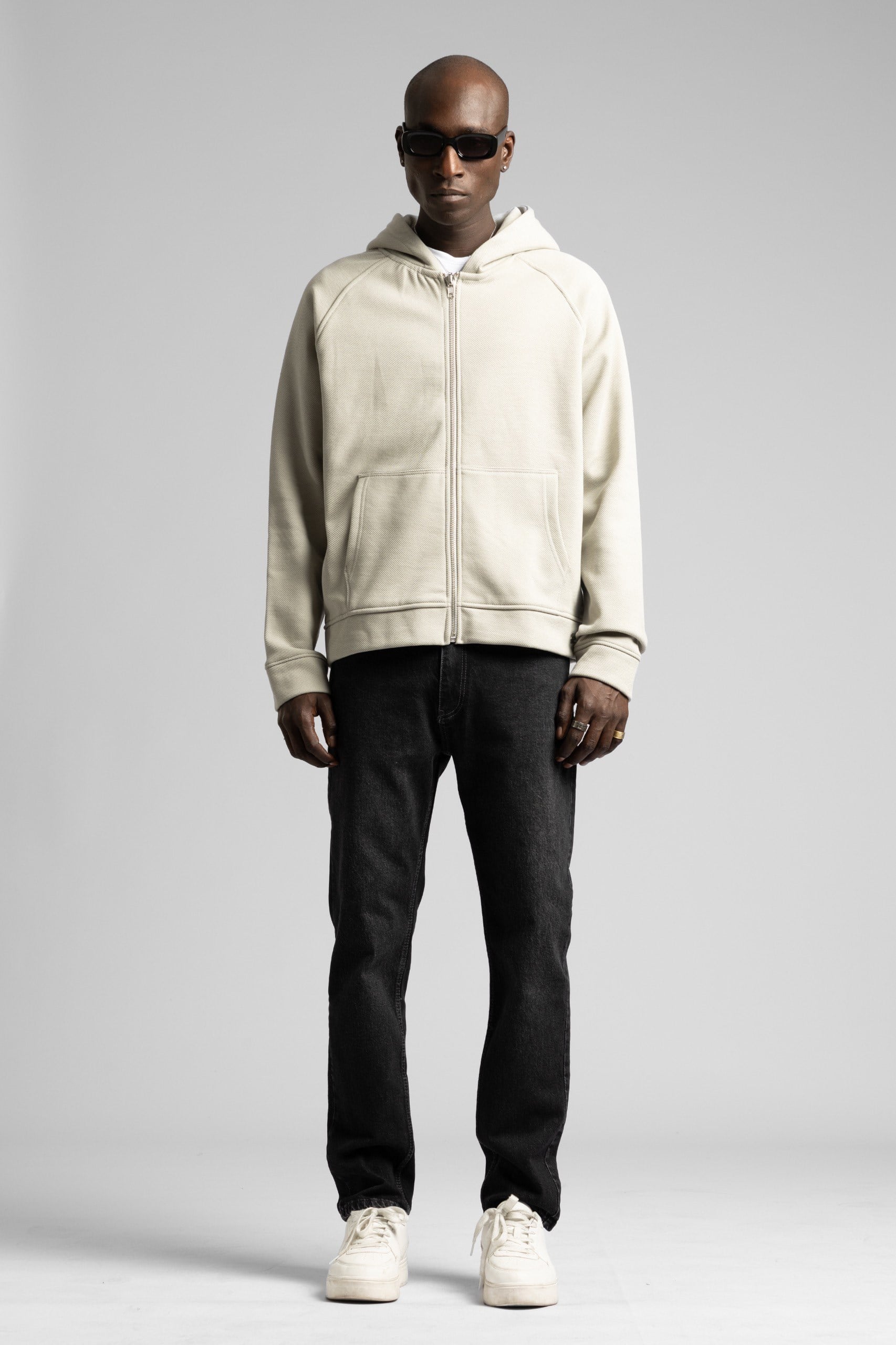 Diyagonal Dokulu Fermuarlı Kapüşonlu Sweatshirt Gri
