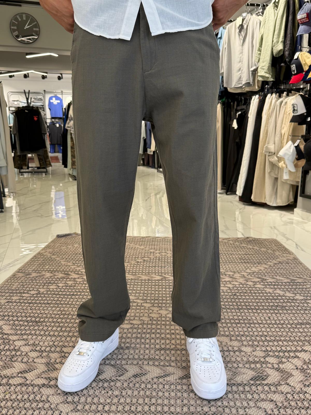 Duble Paça Keten Pantolon Haki