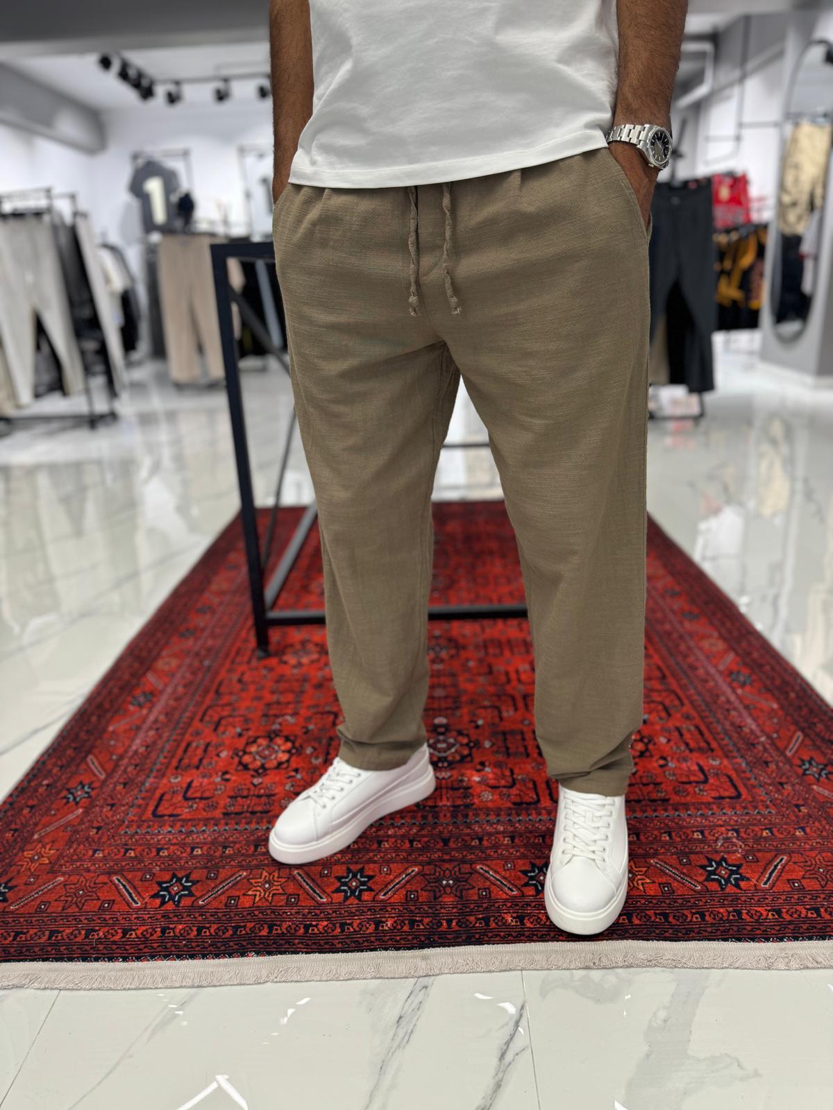 Duble Paça Keten Pantolon Haki