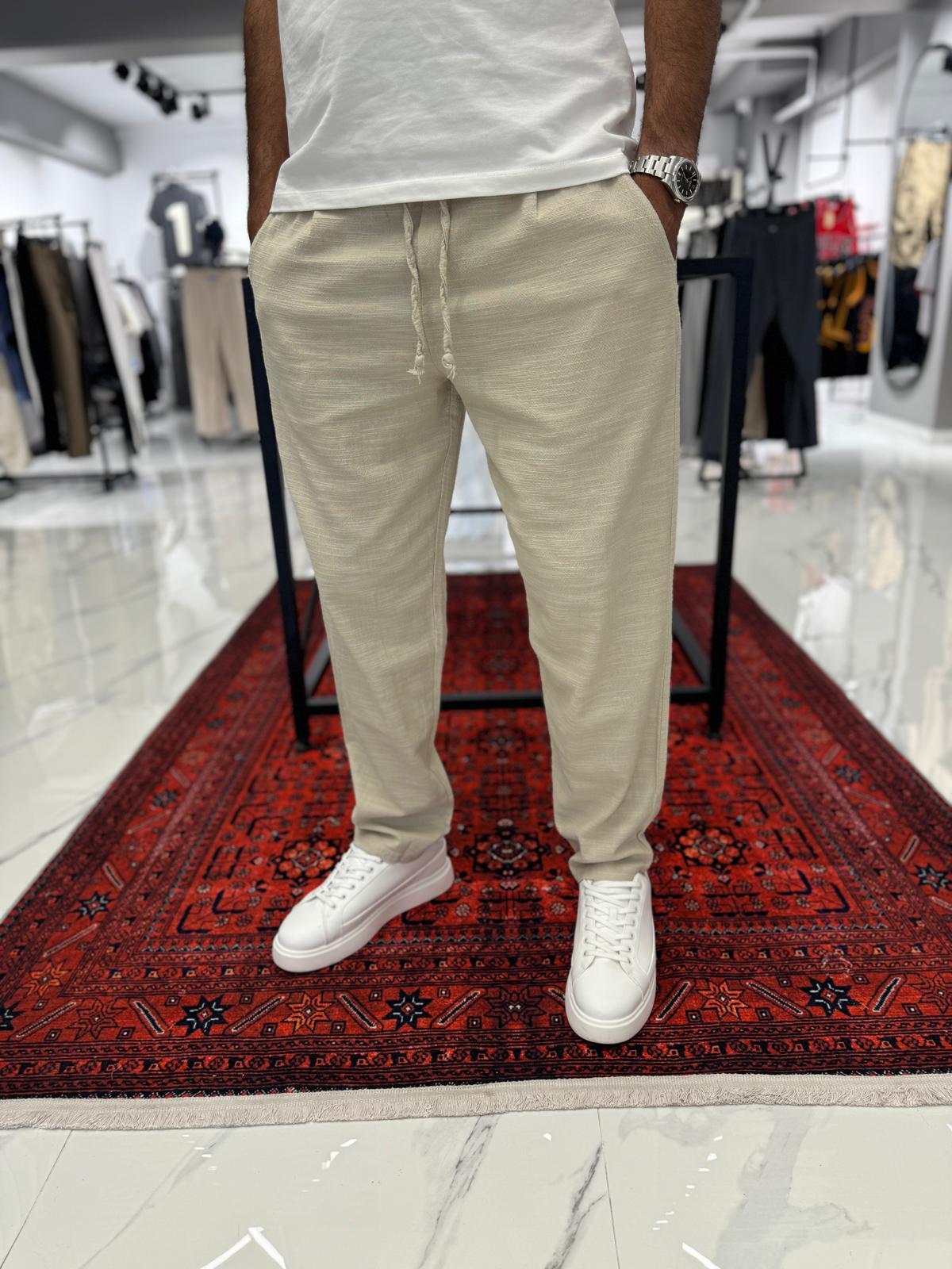 Duble Paça Keten Pantolon Krem