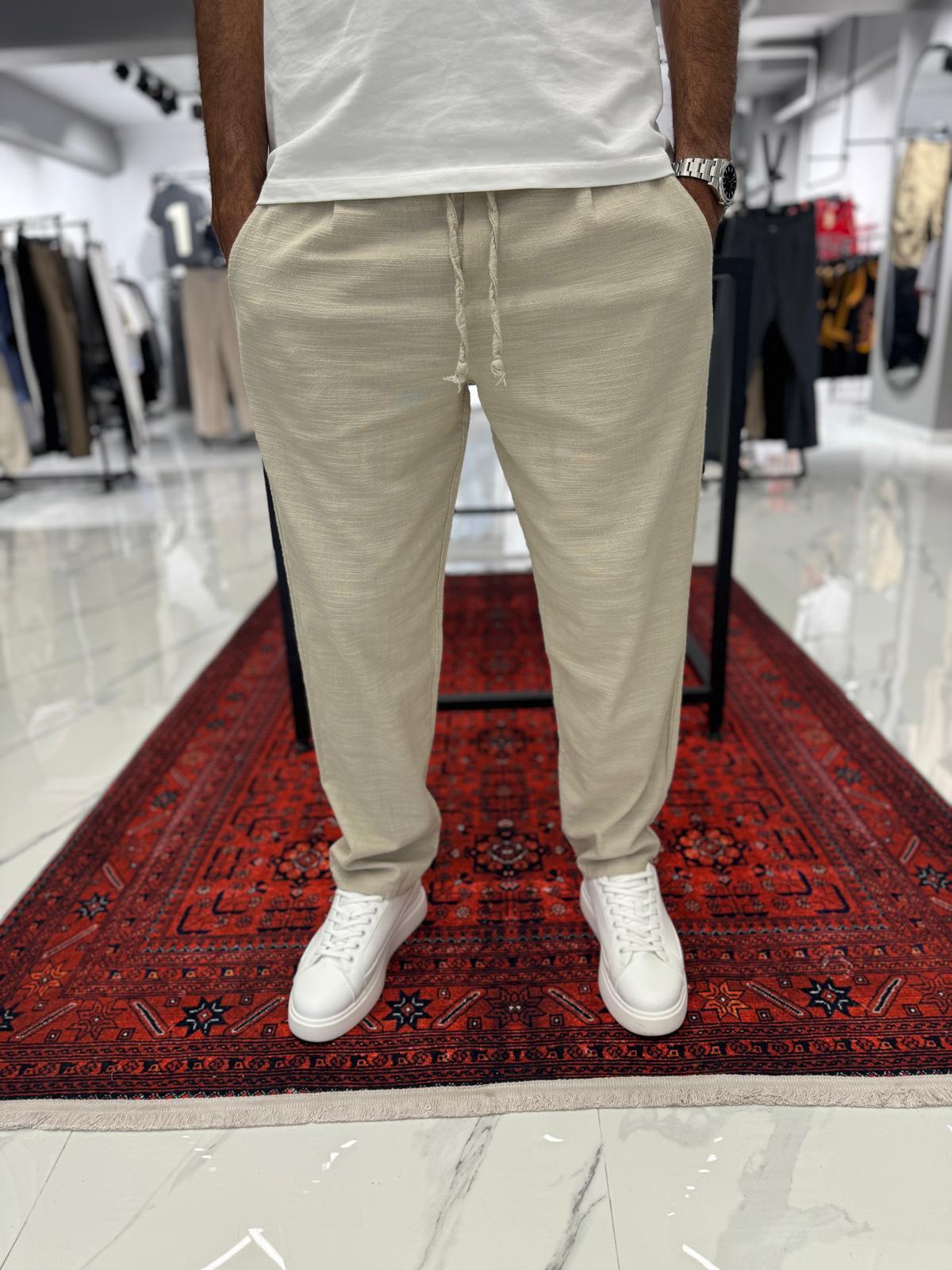 Duble Paça Keten Pantolon Krem