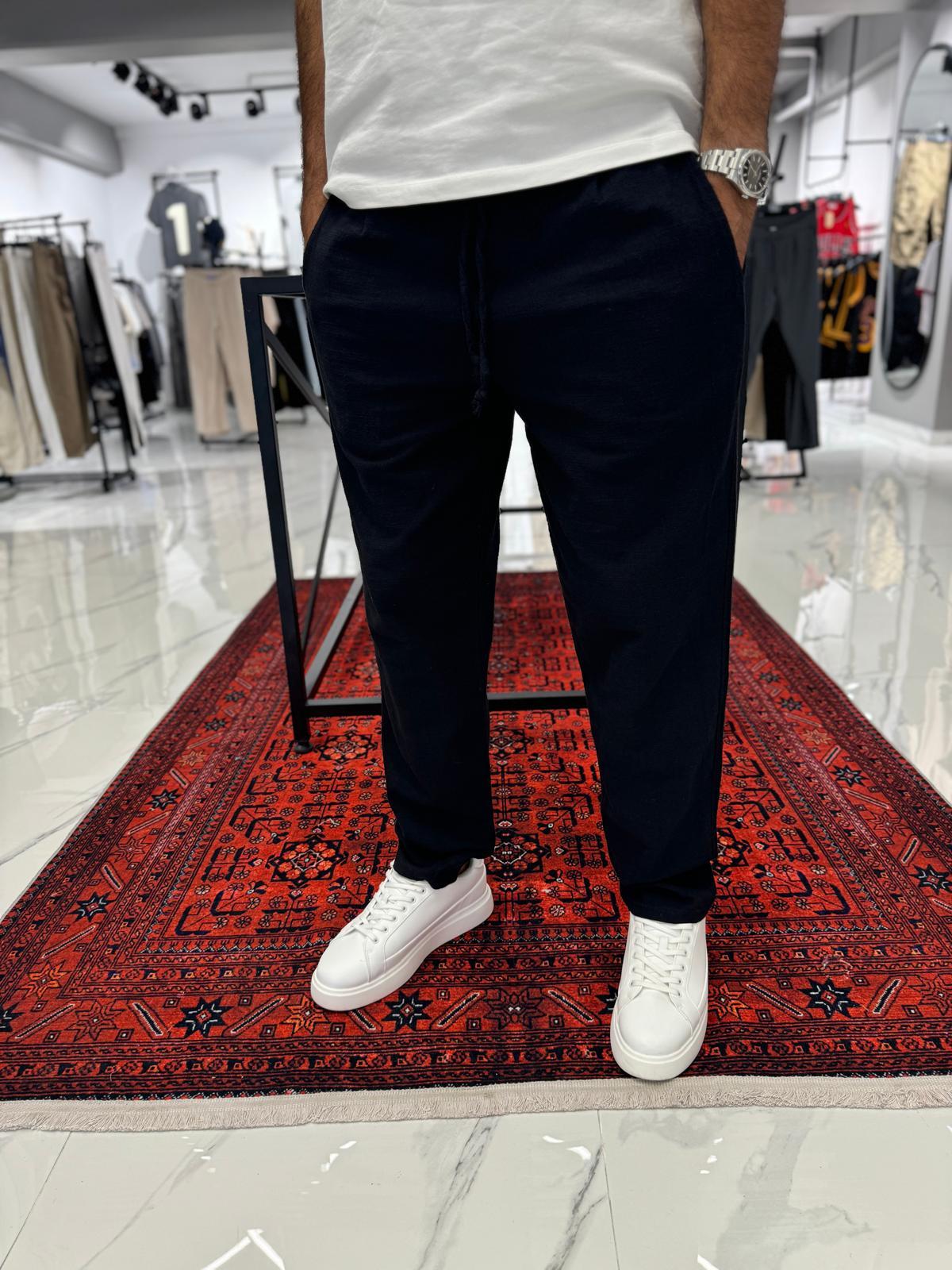 Duble Paça Keten Pantolon Siyah
