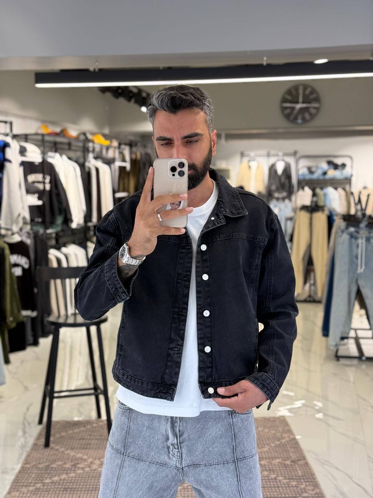 Düğmeli Denim Kot Ceket Siyah