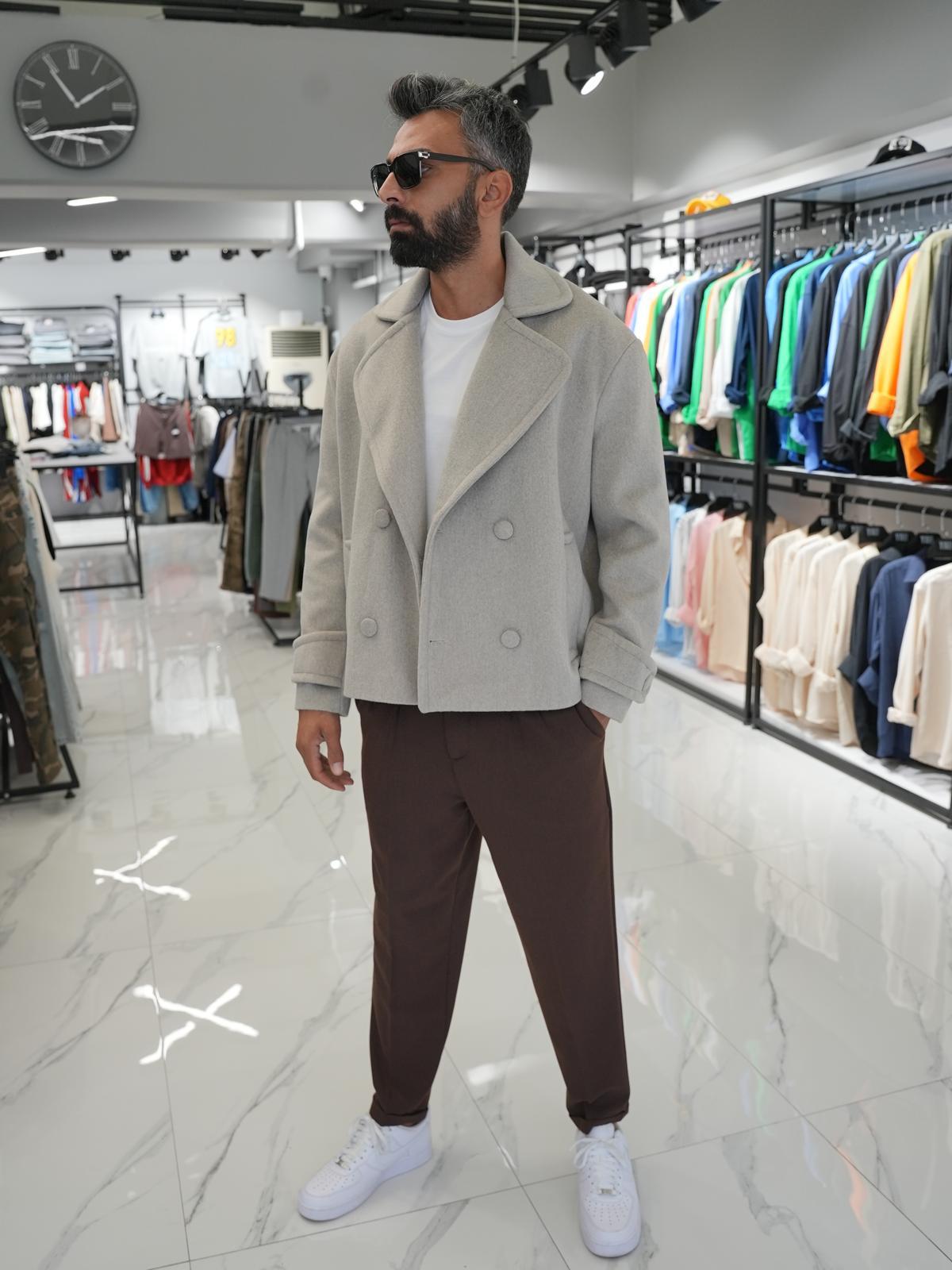 Düğmeli Oversize Kalıp Kaşe Ceket Gri