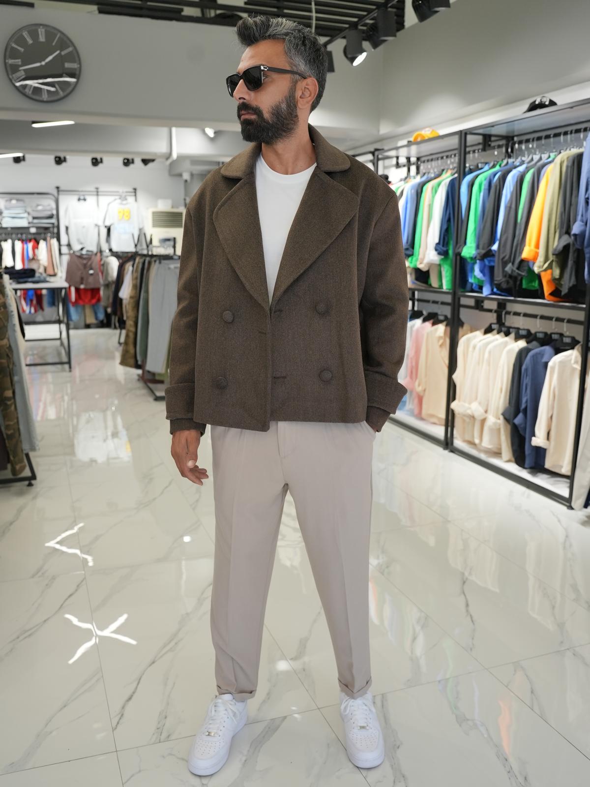 Düğmeli Oversize Kalıp Kaşe Ceket Kahverengi