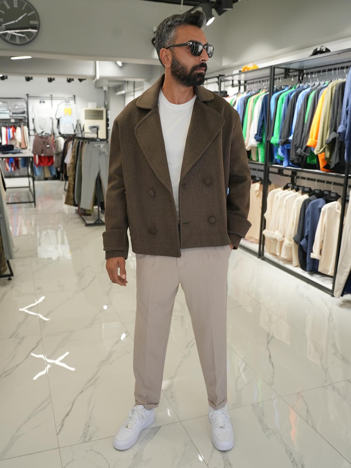 Düğmeli Oversize Kalıp Kaşe Ceket Kahverengi