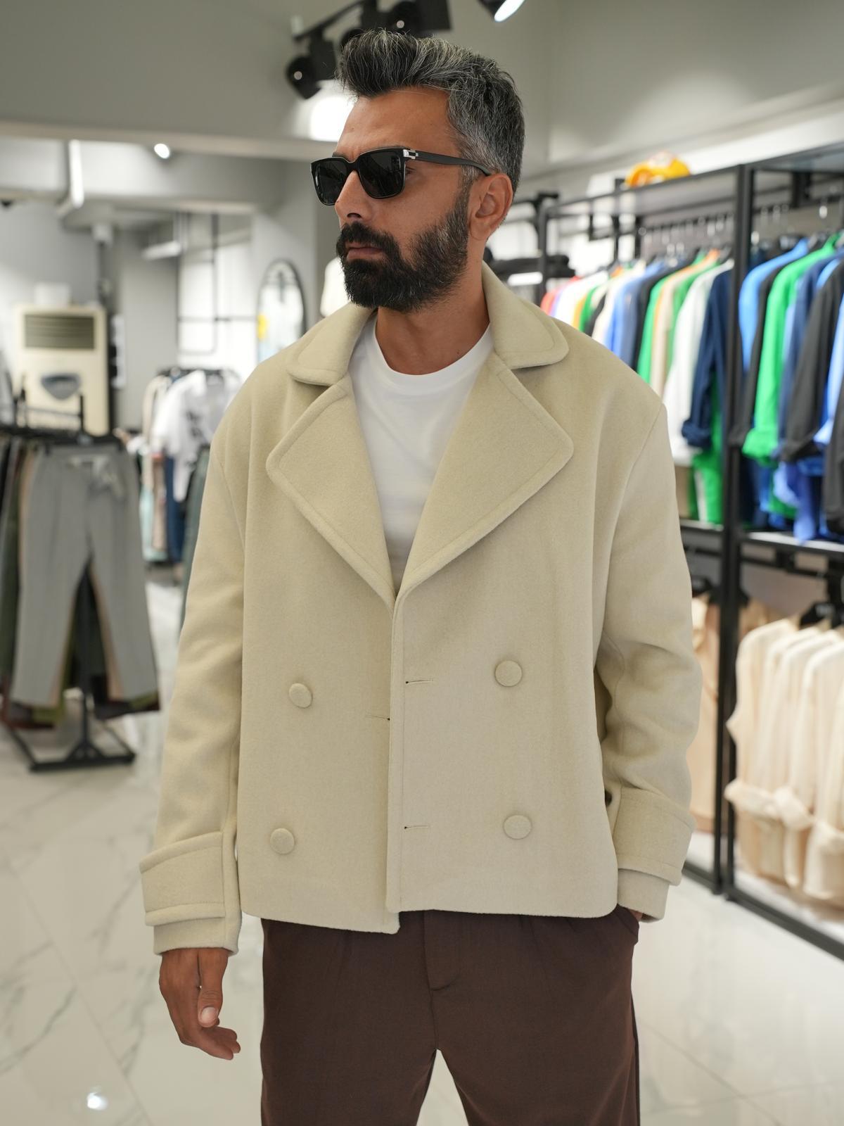 Düğmeli Oversize Kalıp Kaşe Ceket Krem
