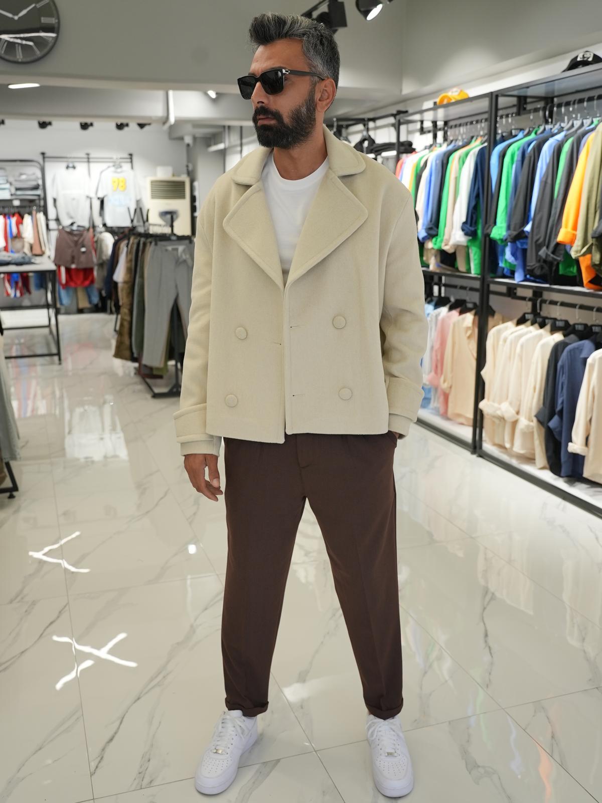Düğmeli Oversize Kalıp Kaşe Ceket Krem