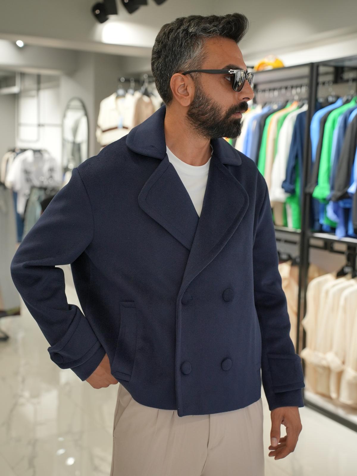 Düğmeli Oversize Kalıp Kaşe Ceket Lacivert