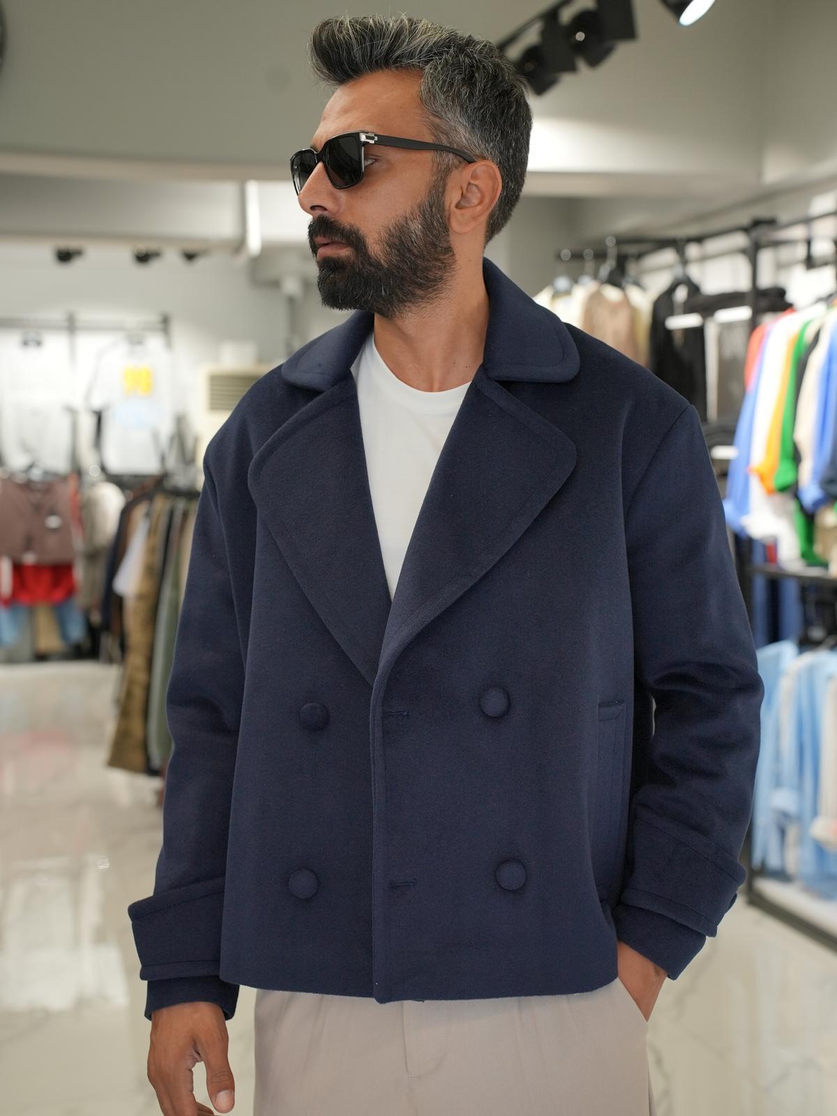 Düğmeli Oversize Kalıp Kaşe Ceket Lacivert