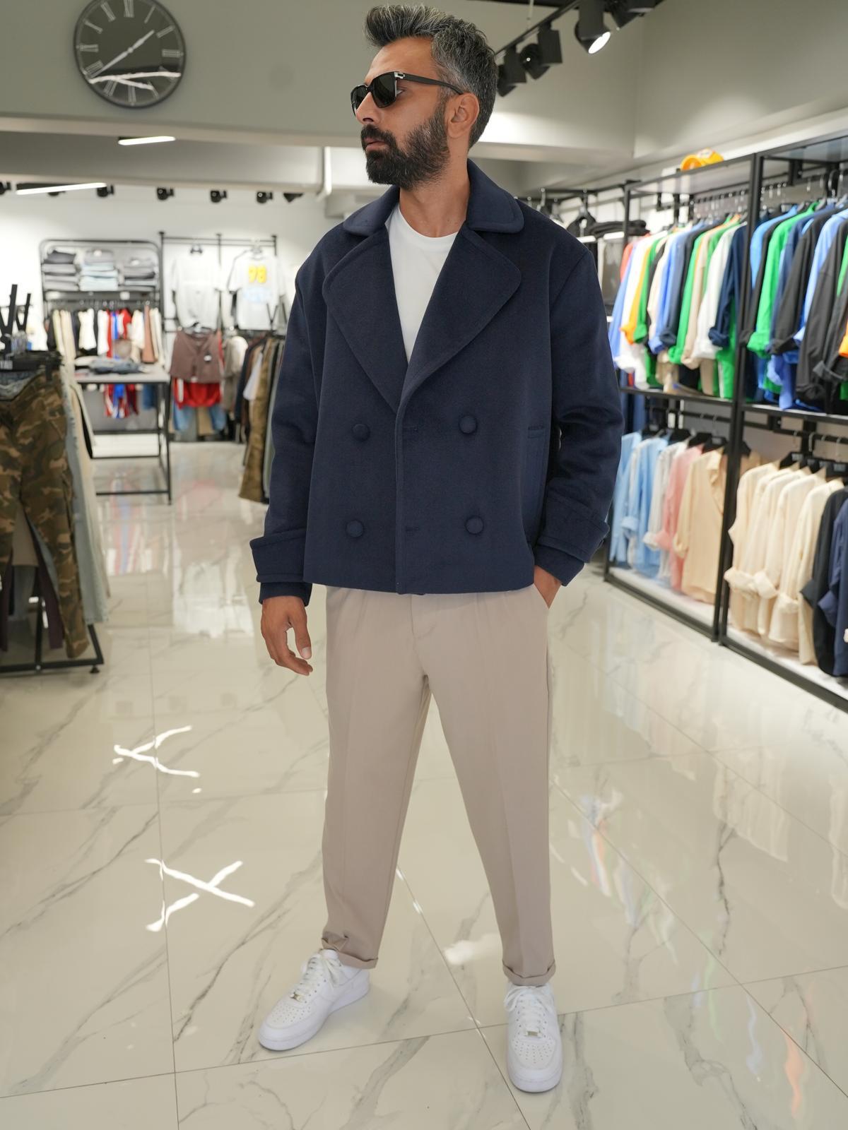 Düğmeli Oversize Kalıp Kaşe Ceket Lacivert