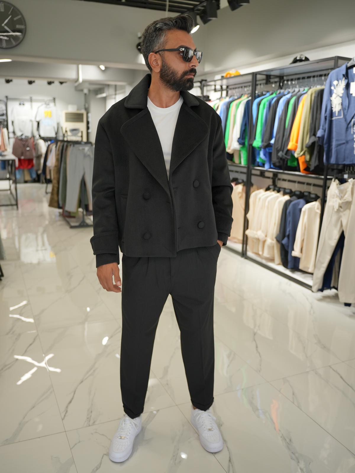 Düğmeli Oversize Kalıp Kaşe Ceket Siyah