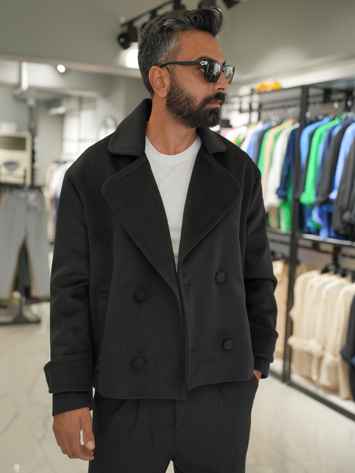Düğmeli Oversize Kalıp Kaşe Ceket Siyah