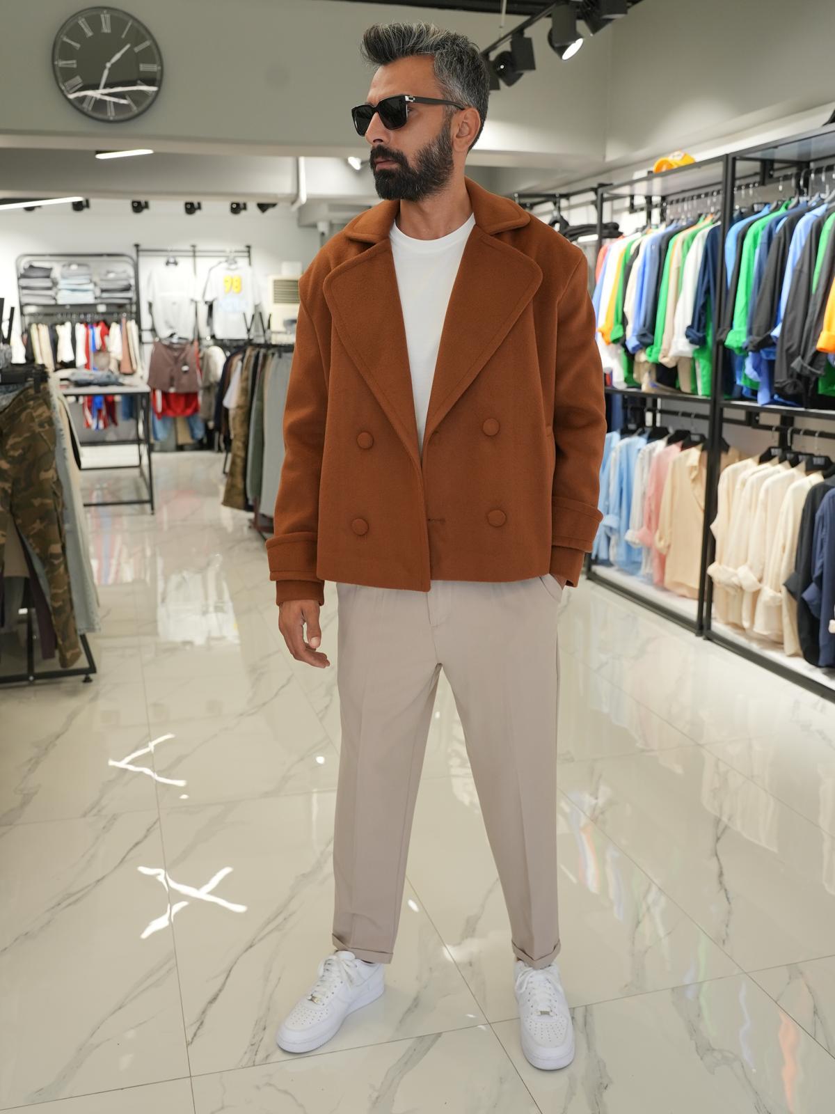 Düğmeli Oversize Kalıp Kaşe Ceket Taba