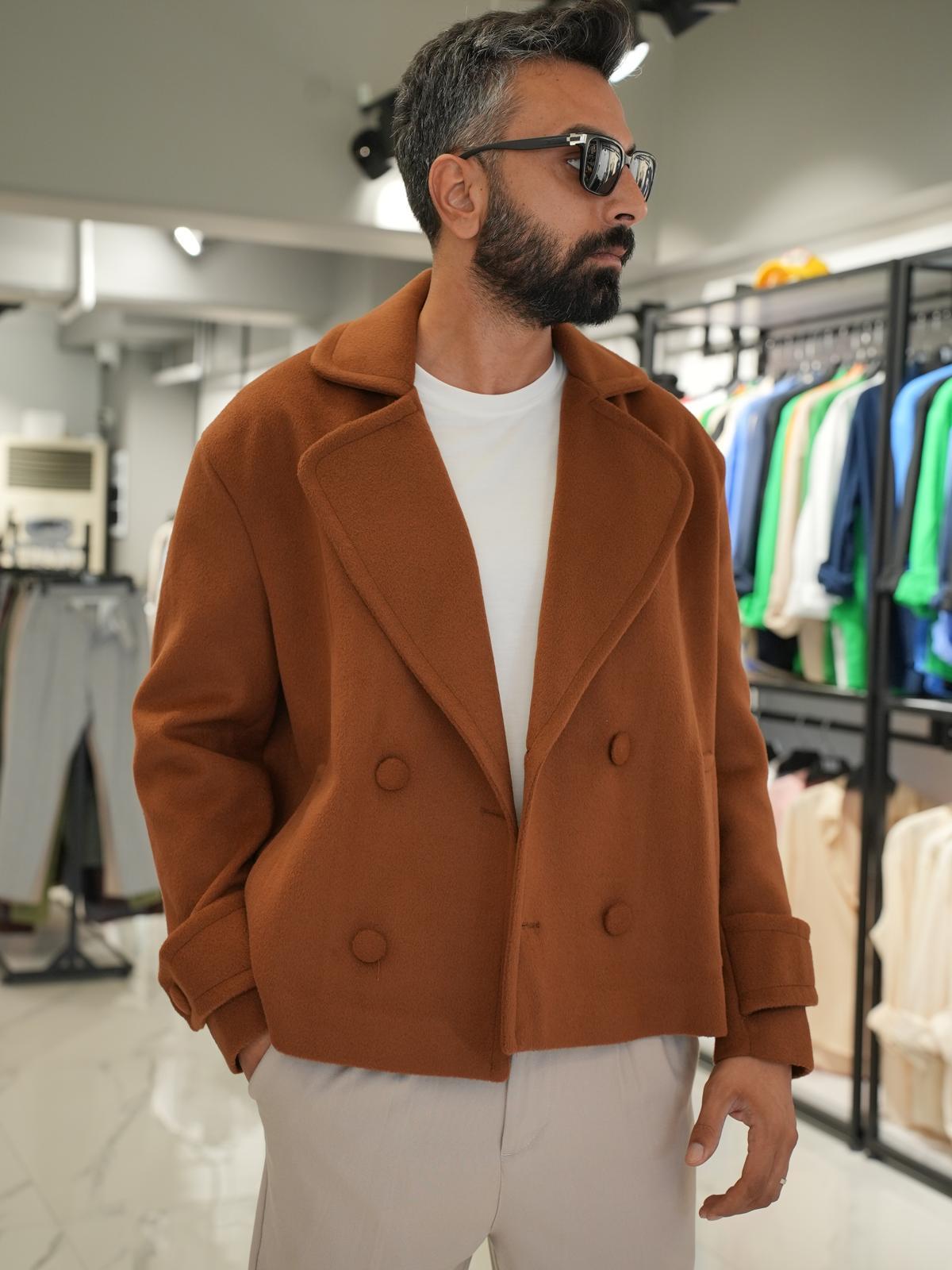 Düğmeli Oversize Kalıp Kaşe Ceket Taba