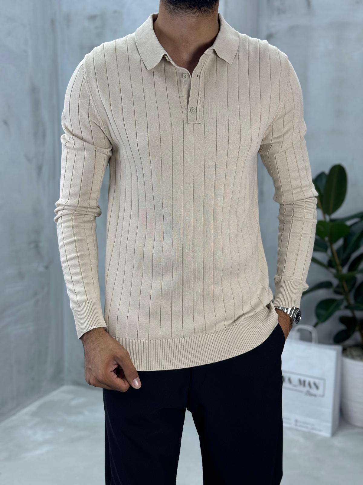 Düğmeli Polo Yaka Triko Bej
