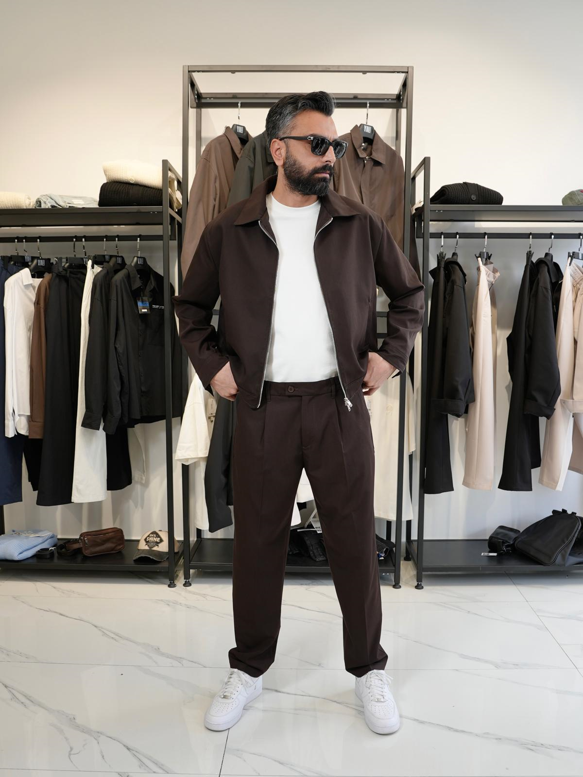 Fermuarlı Oversize Ceket & Kumaş Pantolon Takım Kahverengi
