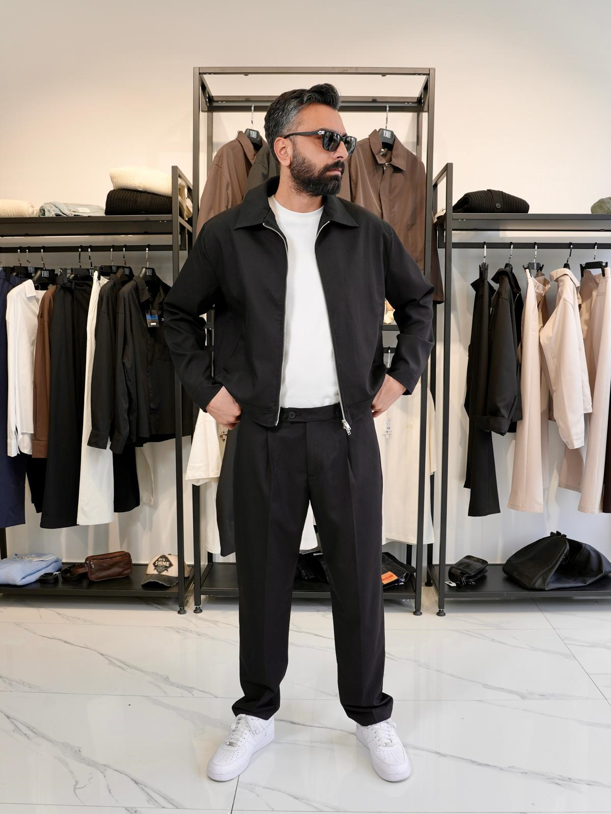 Fermuarlı Oversize Ceket & Kumaş Pantolon Takım Siyah