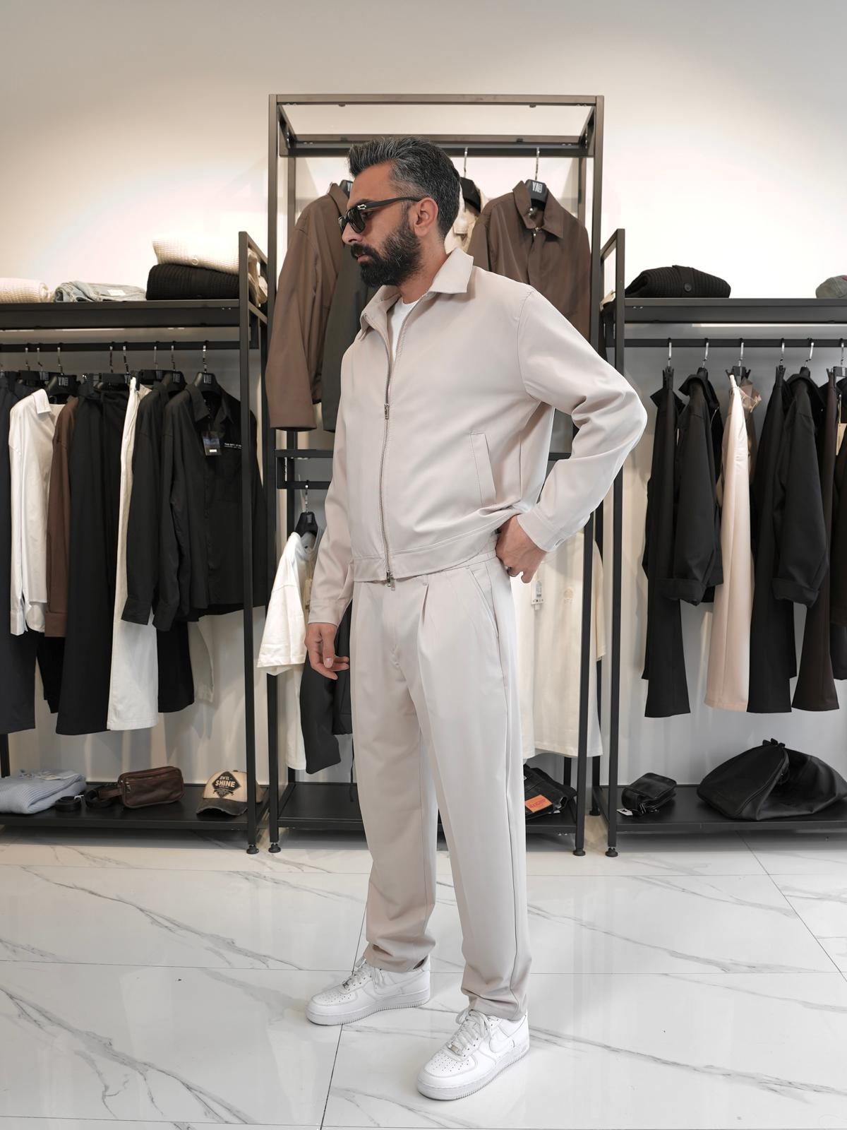 Fermuarlı Oversize Ceket & Kumaş Pantolon Takım Bej