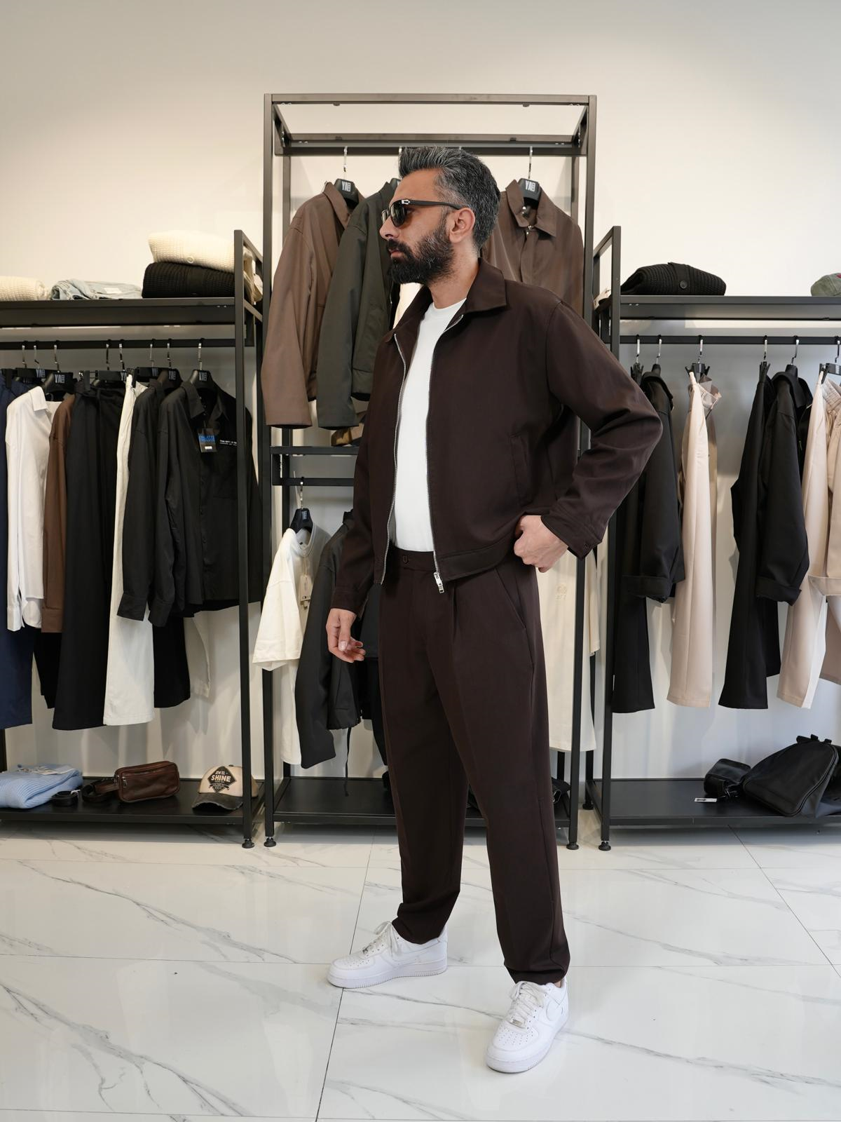 Fermuarlı Oversize Ceket & Kumaş Pantolon Takım Kahverengi