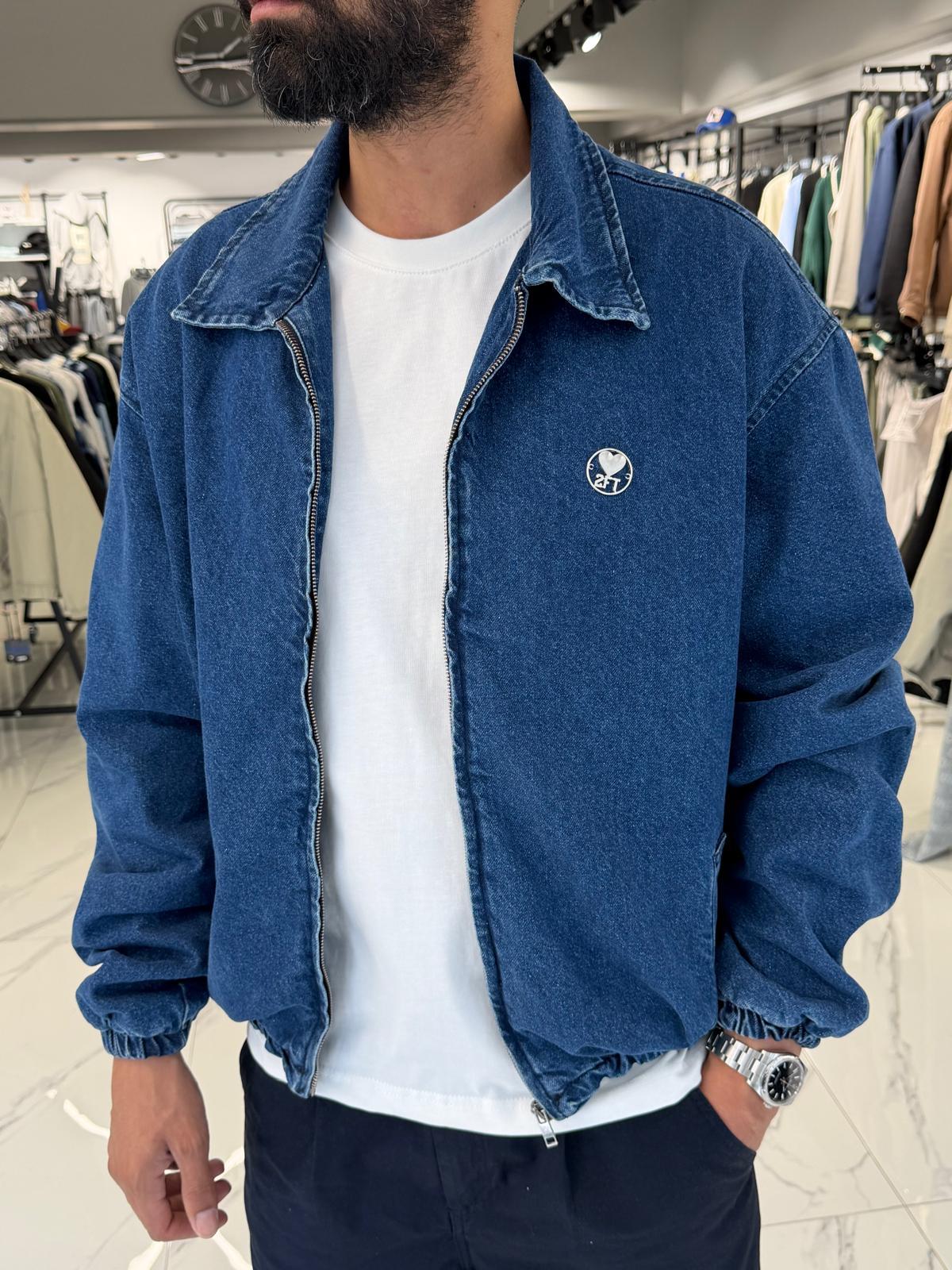 Fermuarlı Rahat Kalıp Kot Ceket Mavi