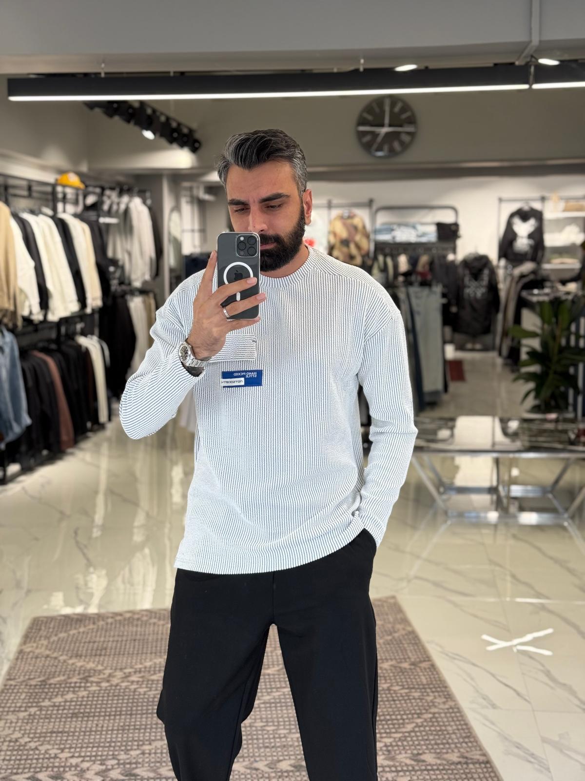 Fitilli İnce Sweatshirt Beyaz