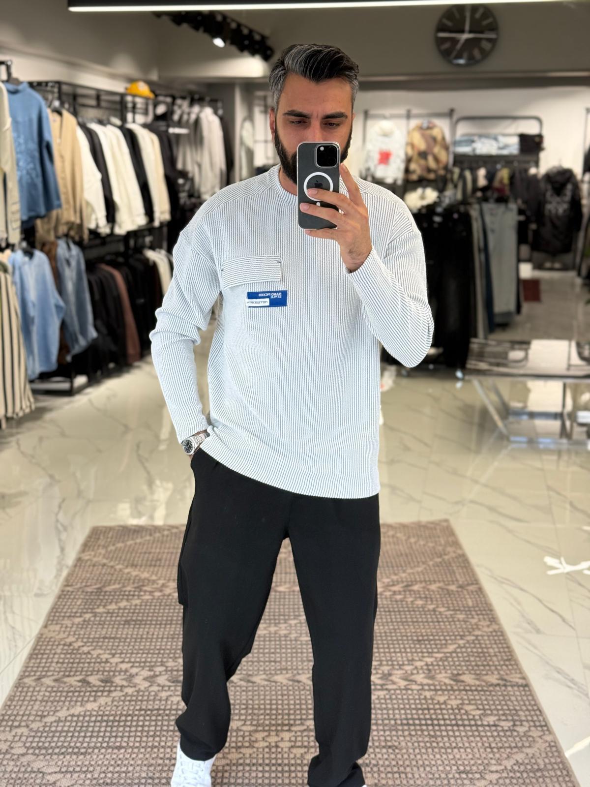 Fitilli İnce Sweatshirt Beyaz