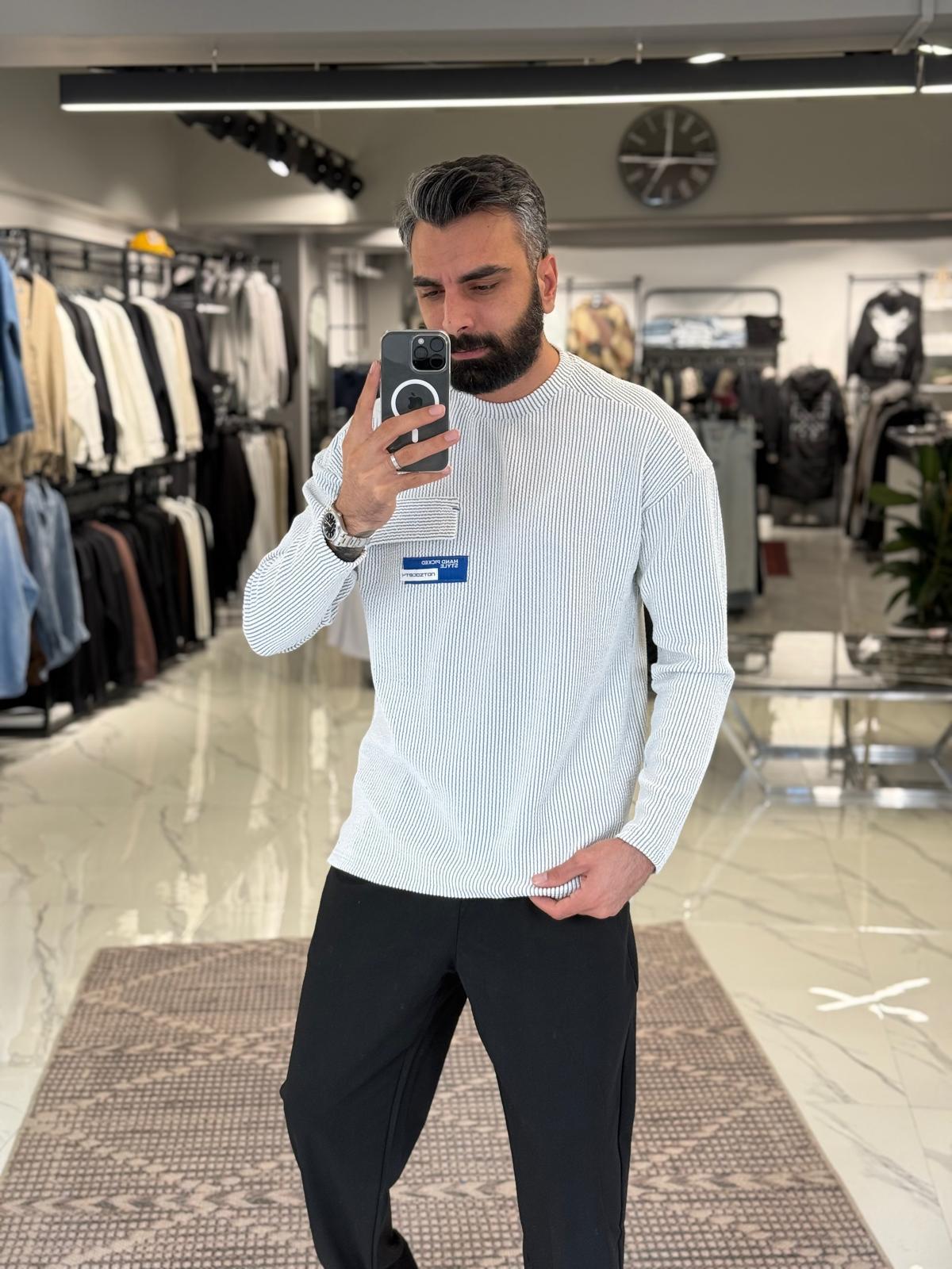 Fitilli İnce Sweatshirt Beyaz