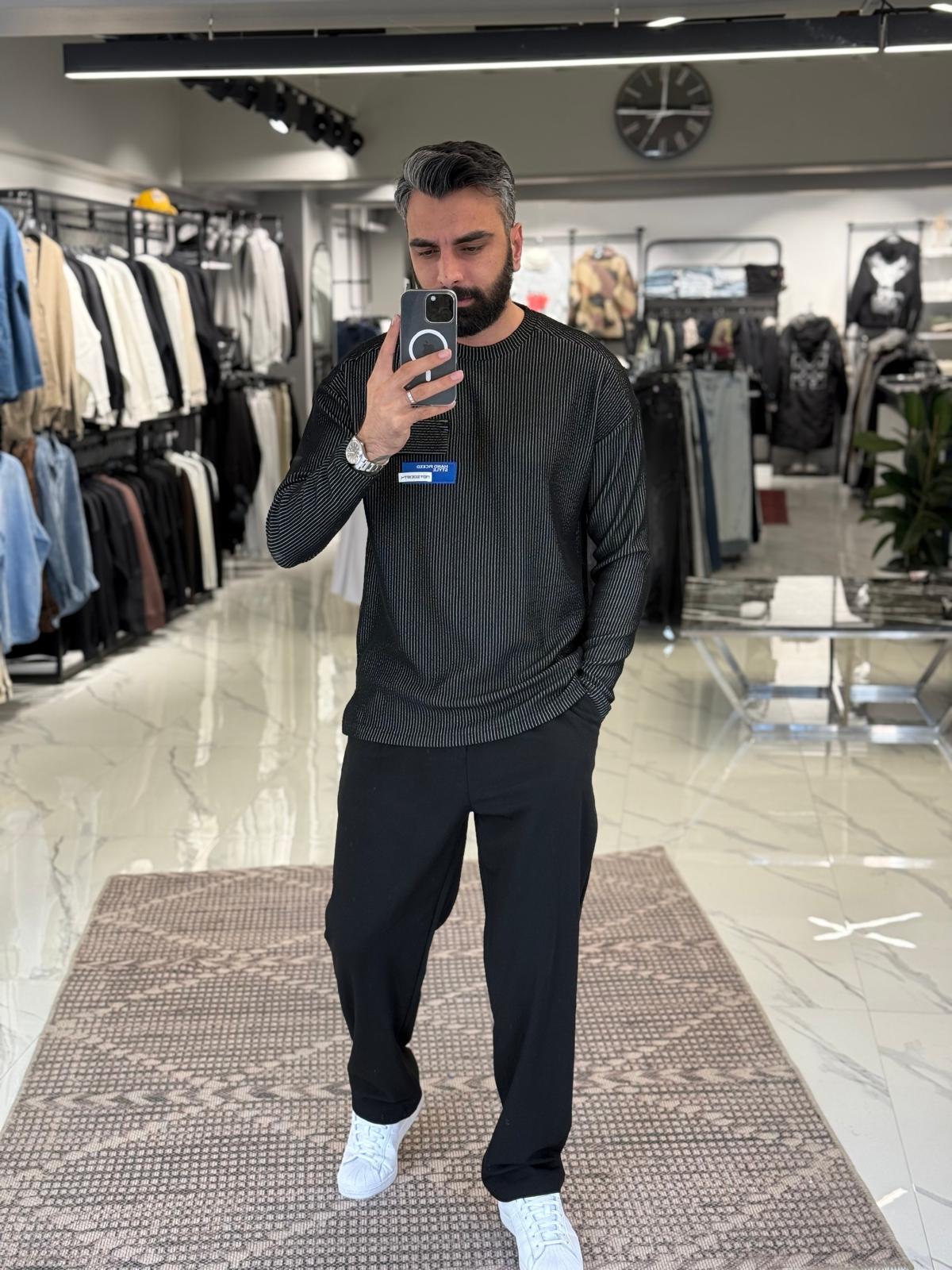 Fitilli İnce Sweatshirt Siyah