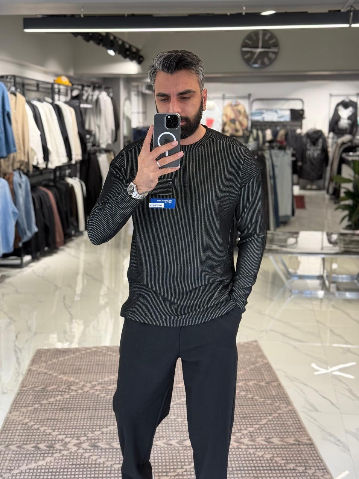Fitilli İnce Sweatshirt Siyah